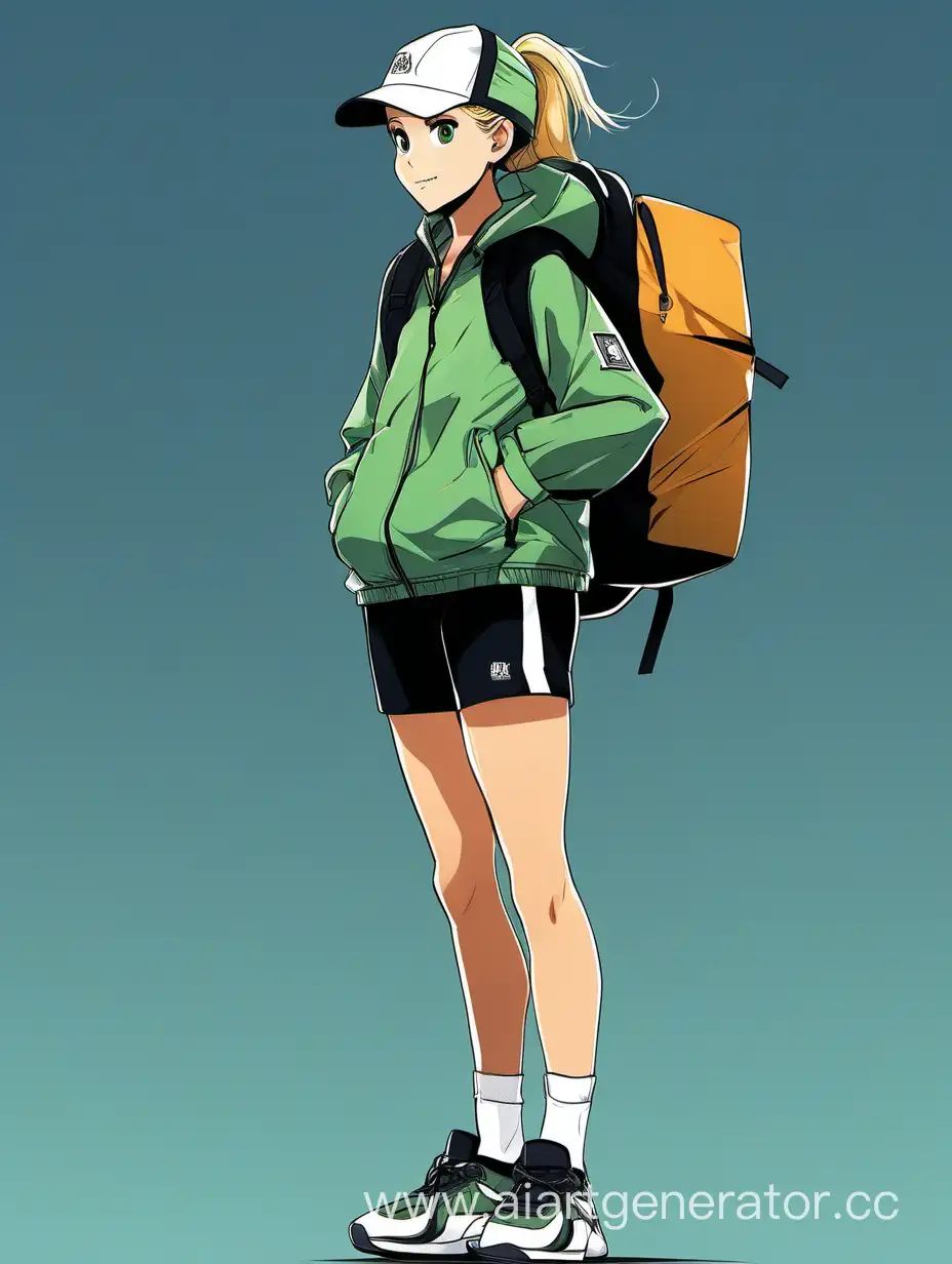 Молодая девушка-доставщица в зелёной ветровке и чёрных коротких шортах и кепке с рюкзаком со светлыми волосами и хвостиком, полный рост