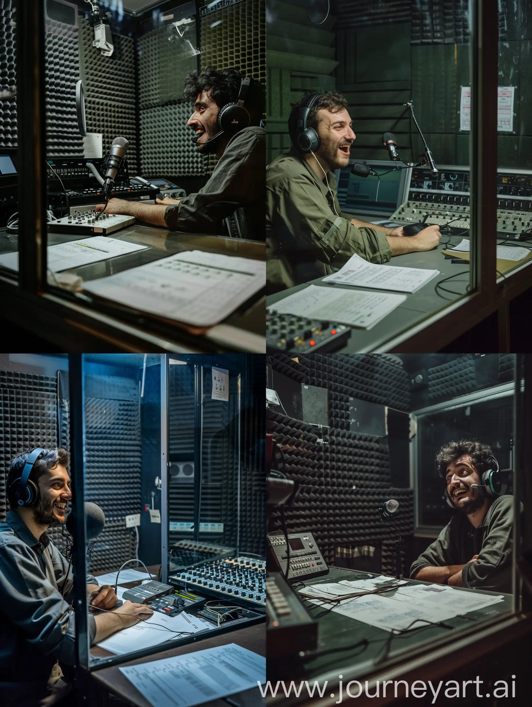 A 26 year old male Italian radio speaker speaks into the microphone, in his small radio broadcast room. The room is very small and empty and the walls are covered in sound-absorbing material. The speaker has an amused face, is wearing a pair of headphones and has his arms resting on the table. Next to him there are some sheets of notes and a small audio mixer. In front of him there is a large glass window that divides the room from the control room. The speaker looks sideways down towards the lens. The photo is in color with a dark atmosphere