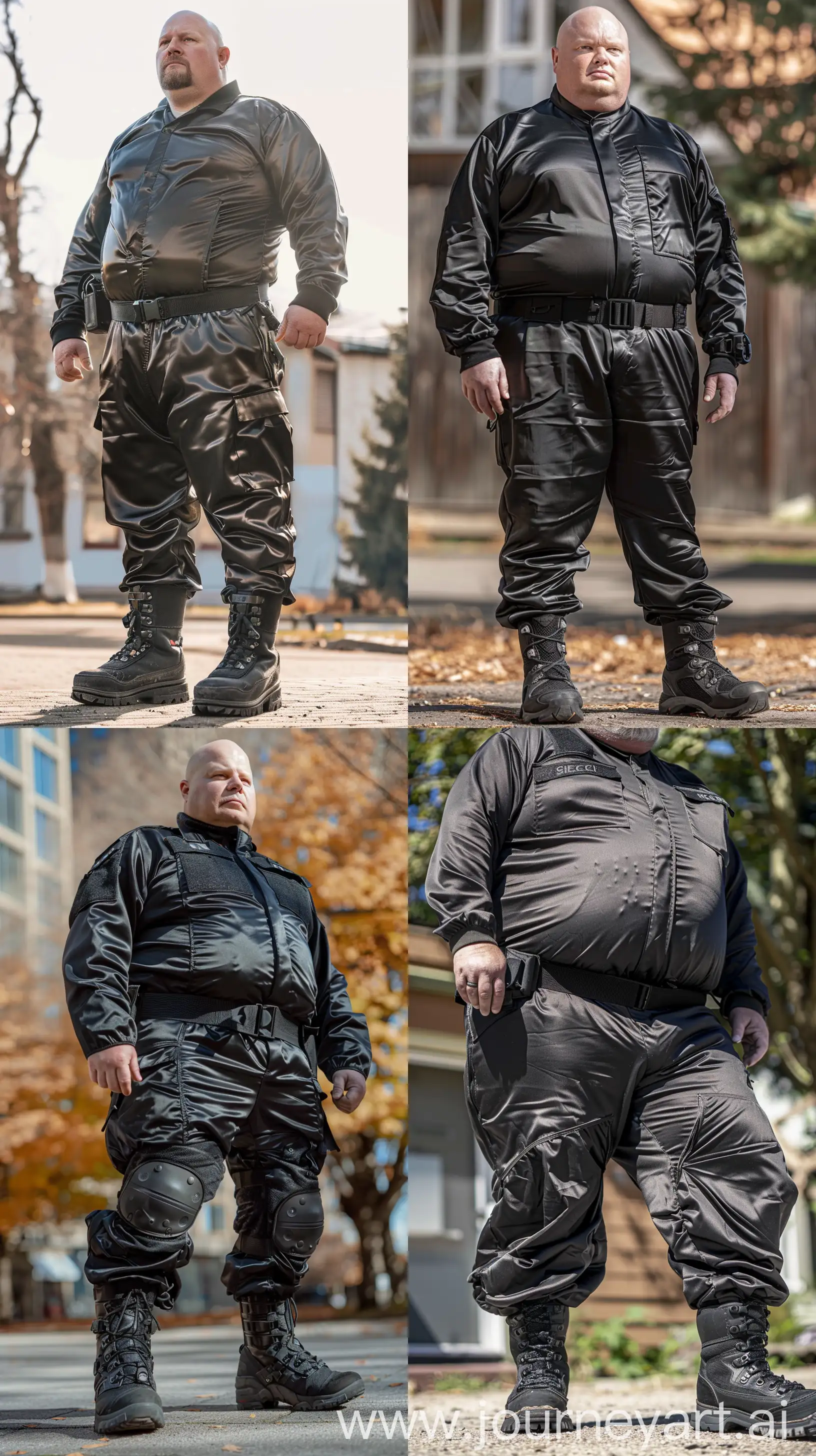 Close-up Photo of a fat man aged 50 wearing a silk black security guard skinny-fitted full coverall tucked in black tactical hiking boots. Thick black tactical belt. Standing guard. Outside. Bald. Clean Shaven. Natural light. --style raw --ar 9:16