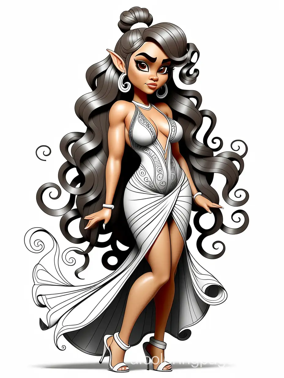 Polynesian transexual elf, Thicc, wearing backless low-cut dress and elegant high-heels, hair in a high pony-tail with curly bangs, Coloring Page, black and white, line art, white background, Simplicity, Ample White Space. The background of the coloring page is plain white to make it easy for young children to color within the lines. The outlines of all the subjects are easy to distinguish, making it simple for kids to color without too much difficulty
