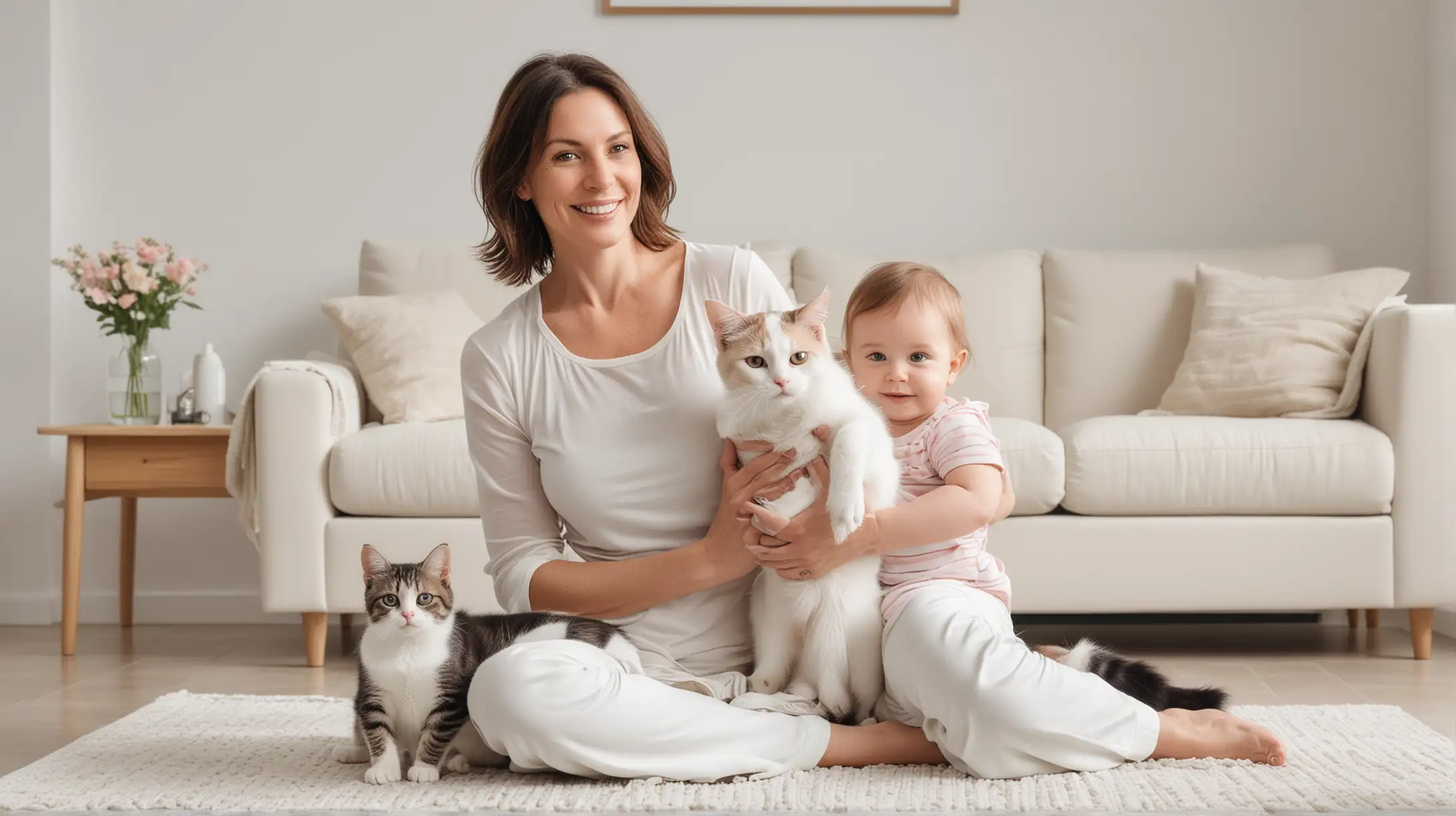 Mother and Infant Cozying Up with Feline in Pristine White Living Space