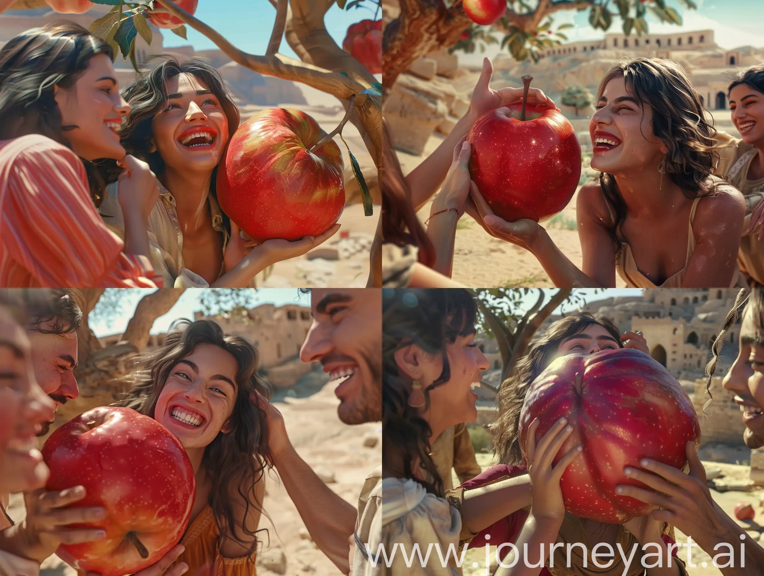 A beautiful smiling Persian young woman is holding a big red apple the size of a watermelon as she is about to bite into it and her friends are teasing her, they are outside the Bam citadel under a giant apple tree in a desert, in an ancient civilization, cinematic, epic realism,8K, highly detailed, bird's eye view