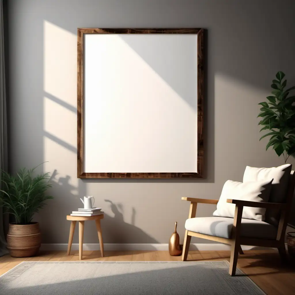 wooden poster white blank frame mockup, reflection, shadow overlay, cozy living room, farmhouse stlyle, warm room, 4K, exclude random objects,