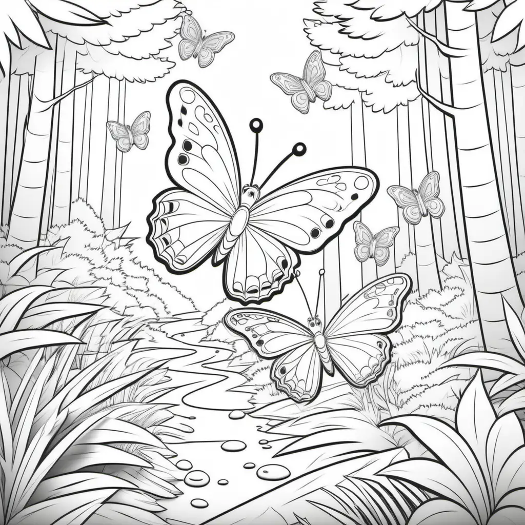 coloring book for kids, butterflies in forest, cartoon style, thick lines, low detail, no shading, -- ar, 9:11