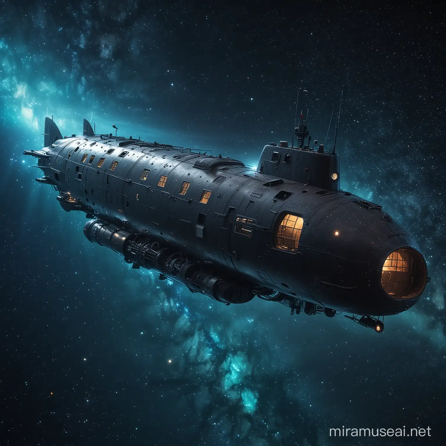 Starry Ocean Fictional Submarine Gliding Through Celestial Spaces