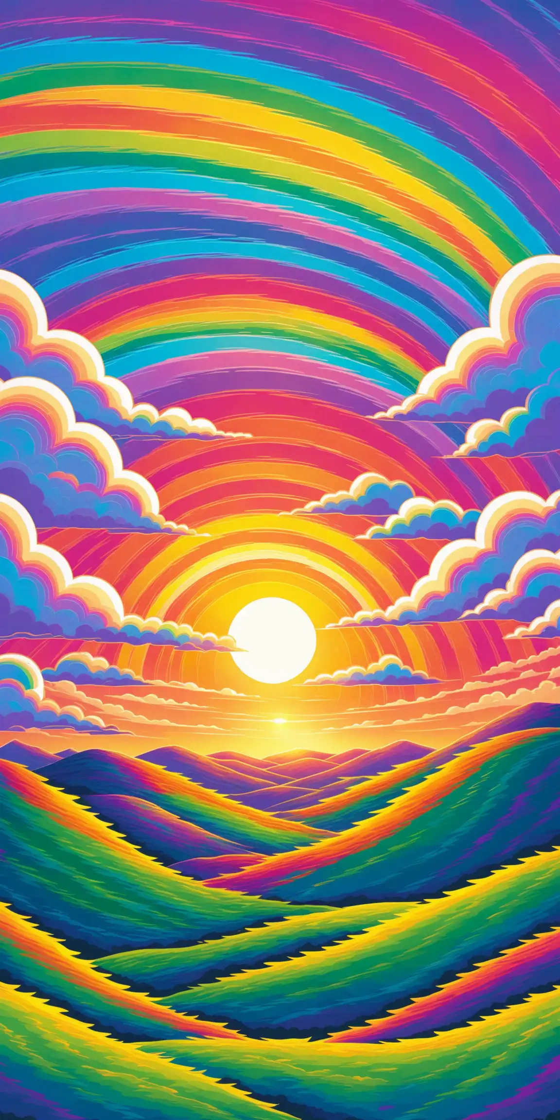 easter sunrise, psychedelic colors, psychedelic design, clouds, swirls, early dawn, cross on hillside, rainbow, sun low on horizon, swirly clouds, poster style, 


