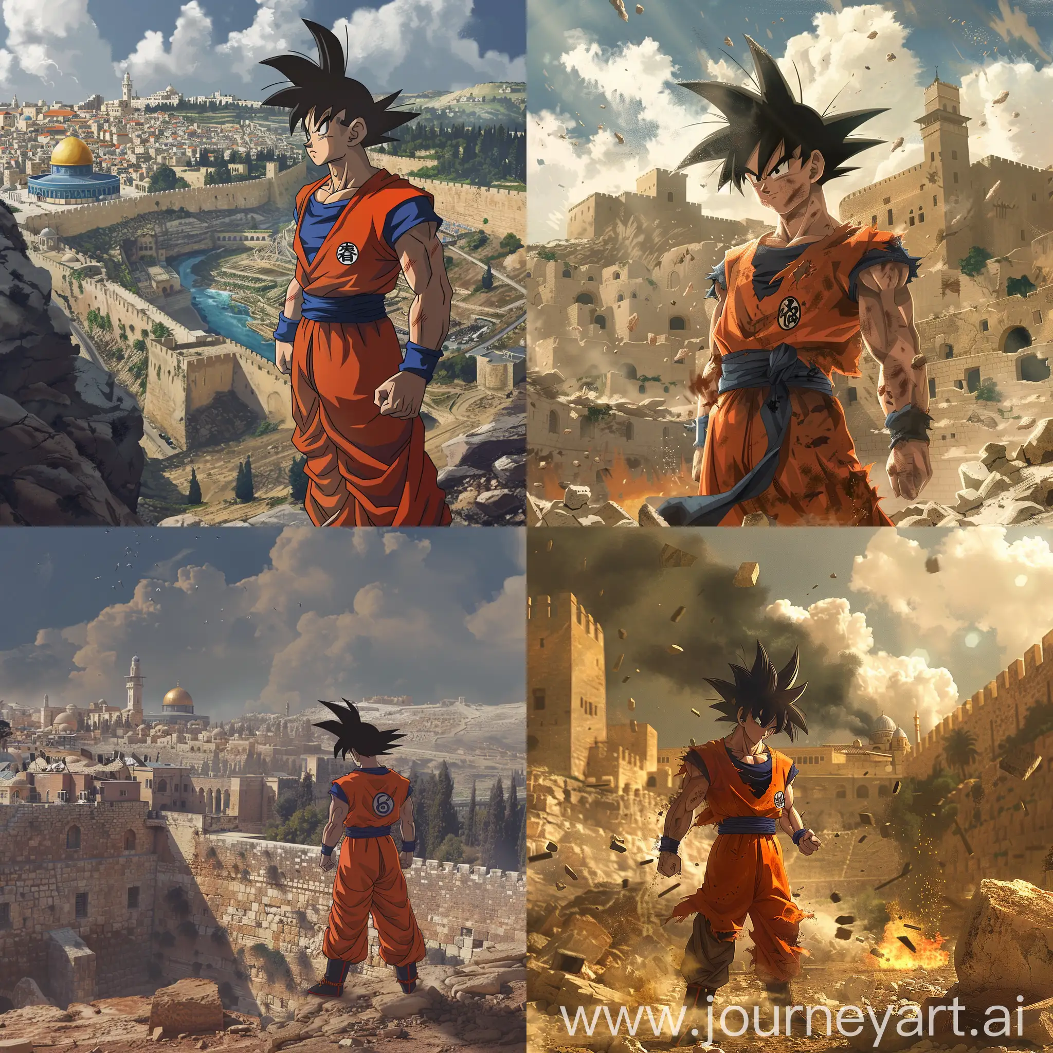 goku from dragon ball 2d style in alaqsa-pelestine,dramatical scence,destroied every thing,niji6,8k,v6