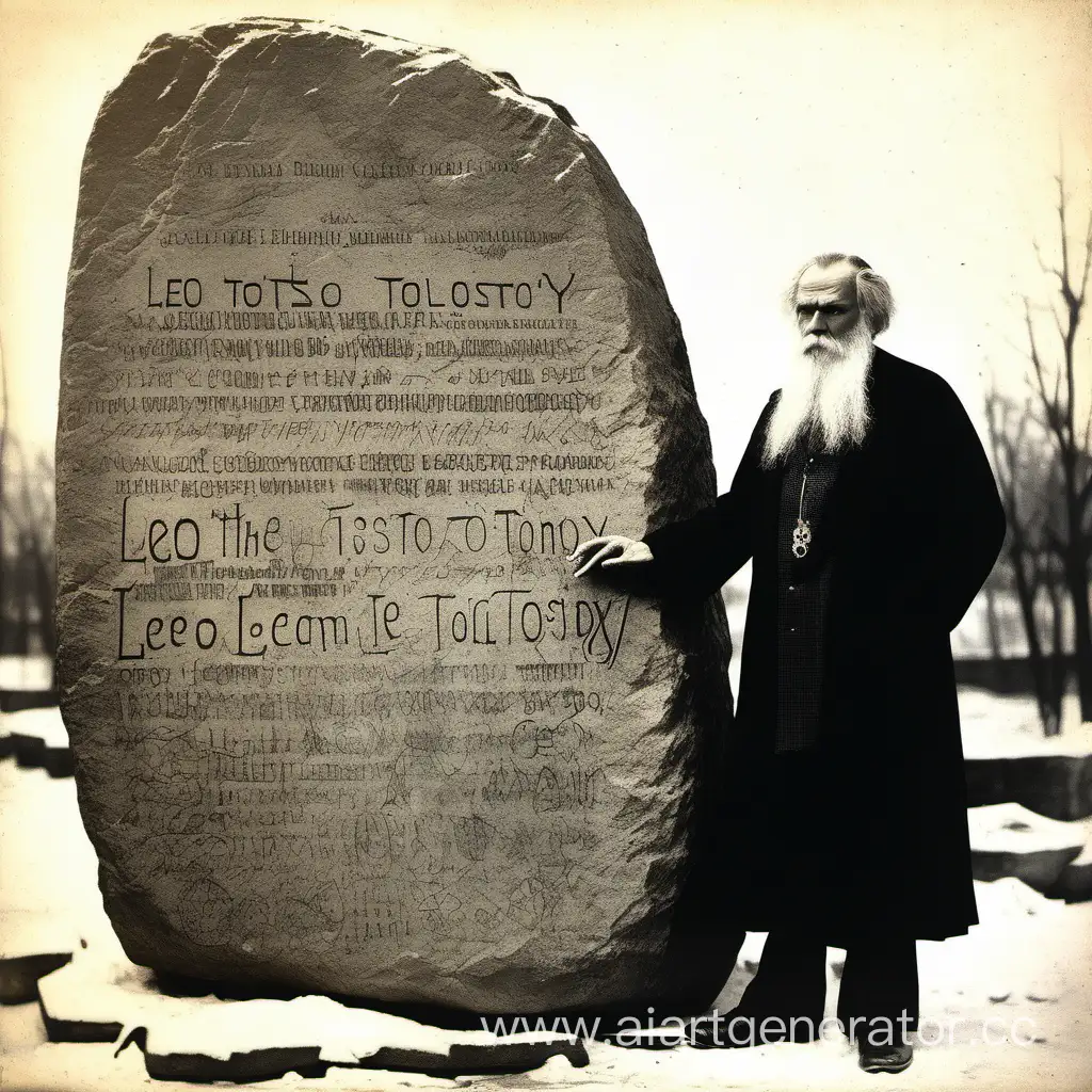 Лев Толстой стоит у большого камня с надписями и рисунками