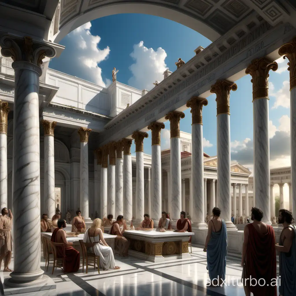 Highly detailed realistic drawing of a roman palace with a very high ceiling, marble columns, rich ornements, and tall statues. Some of these elements appear in the foreground. Blue sky and clouds through the immense windows in the background. Women and men are discussing around a marble table in the midground. One is a woman with long wavy ginger-blond hair and a gray rose on her ear. They wear greek robes and have diverse hair styles and colors.