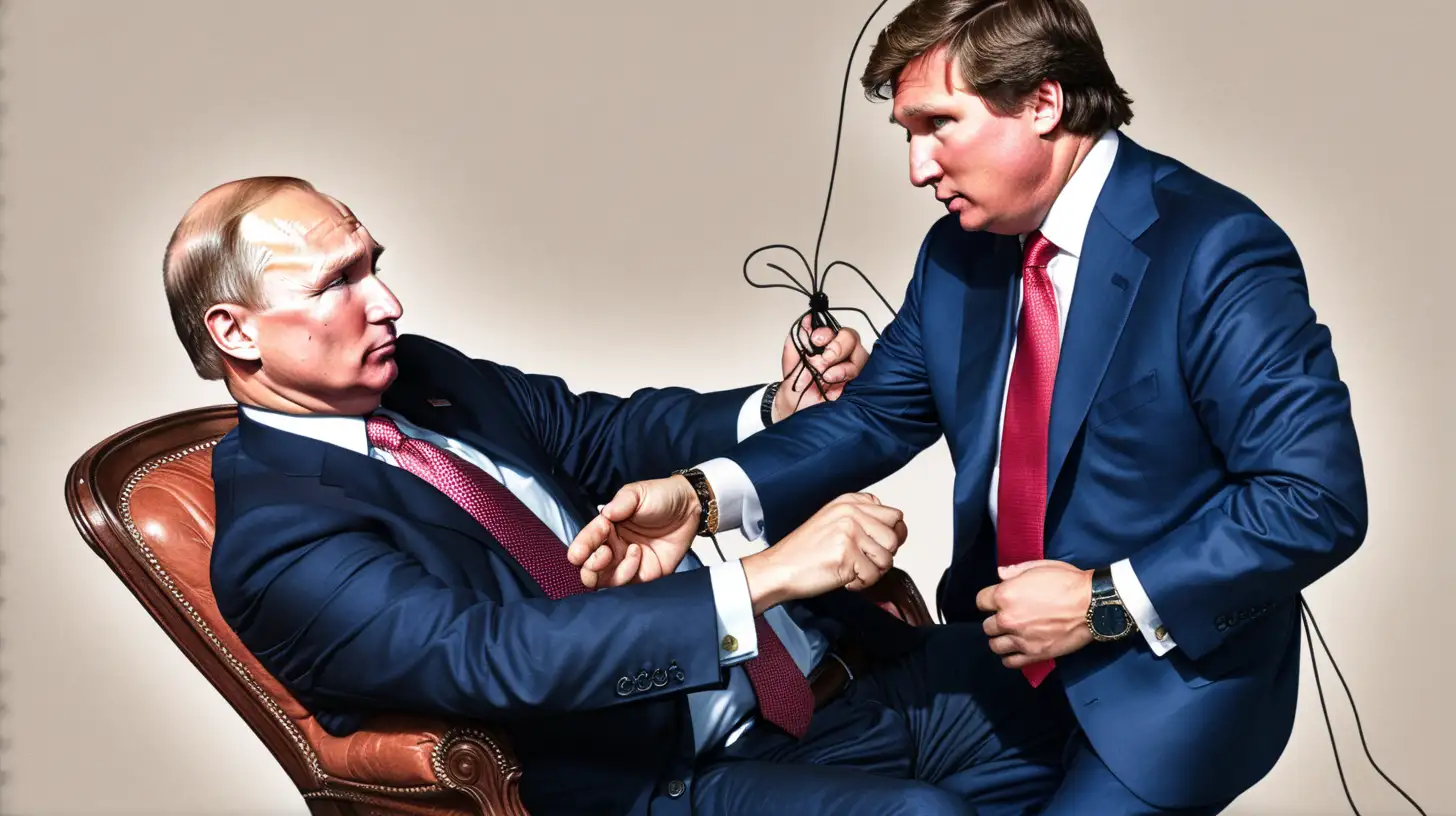Tucker Carlson is sitting on a chair in front of Vladimir Putin. Putin is coming out of the dark, only torso and up visible. Putins one long arm is circling Carlson, holding his strings from behind of Carlson. In Carlsons back pocket a flyer is partly visible,