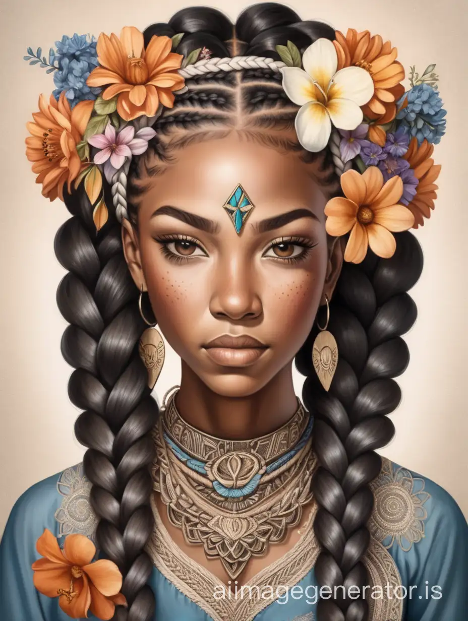 A woman of color with intricate braids adorned with flowers, her expression portraying wisdom and strength.