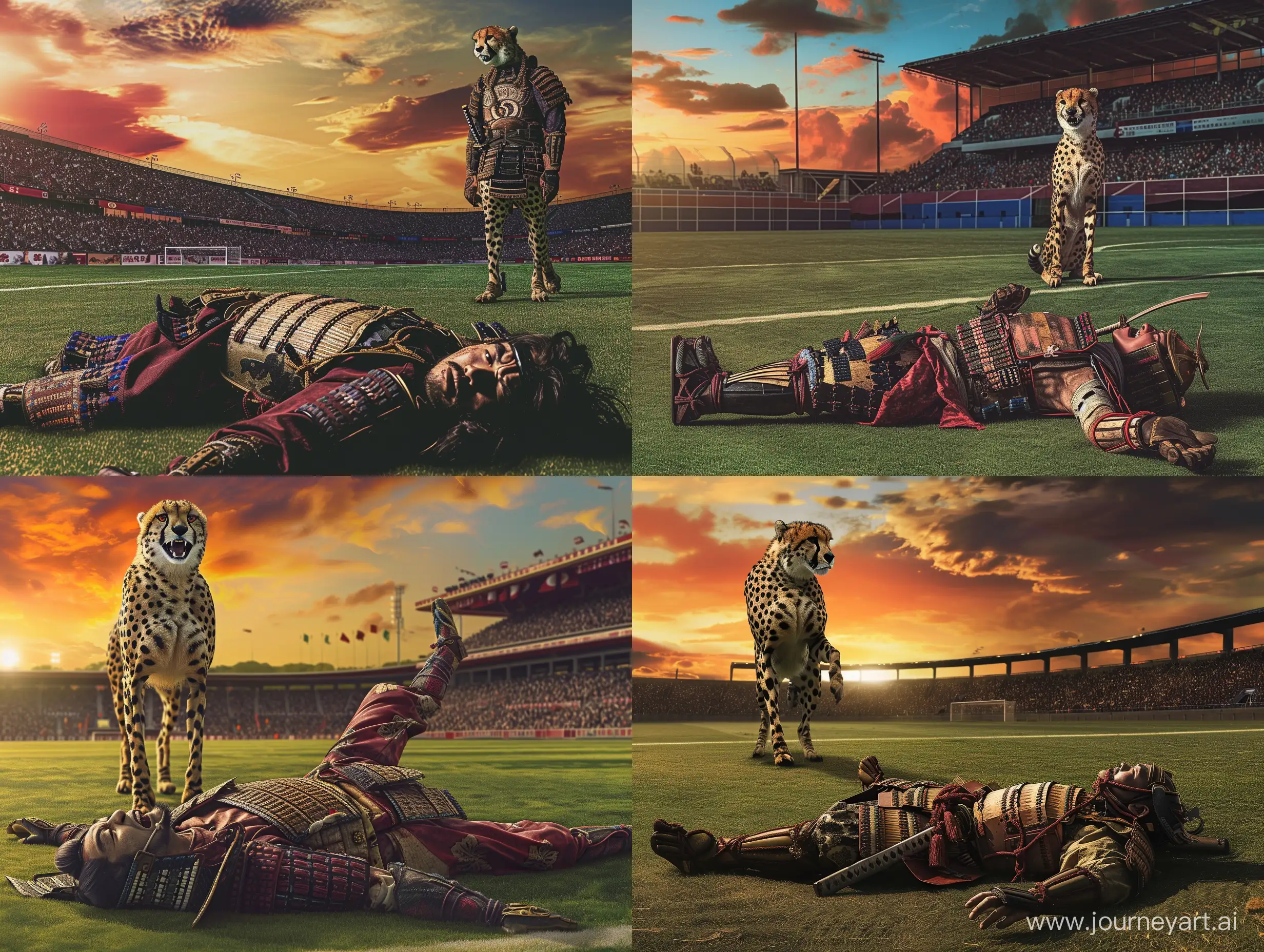 a defeated Japanese samurai lying on a soccer field, showing clear signs of a fierce battle with a Persian cheetah, juxtaposing elements of ancient armor and modern sportswear, realistic imagery, dramatic sunset lighting casting long shadows, intense facial expressions of the samurai capturing the moment of defeat, the imposing figure of the cheetah standing victorious in the background, a stunned crowd in the stands