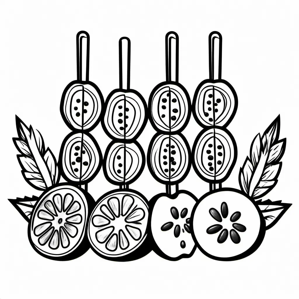 Create a bold and clean line drawing of a Fruit kebabs . without any background,, Coloring Page, black and white, line art, white background, Simplicity, Ample White Space. The background of the coloring page is plain white to make it easy for young children to color within the lines. The outlines of all the subjects are easy to distinguish, making it simple for kids to color without too much difficulty
