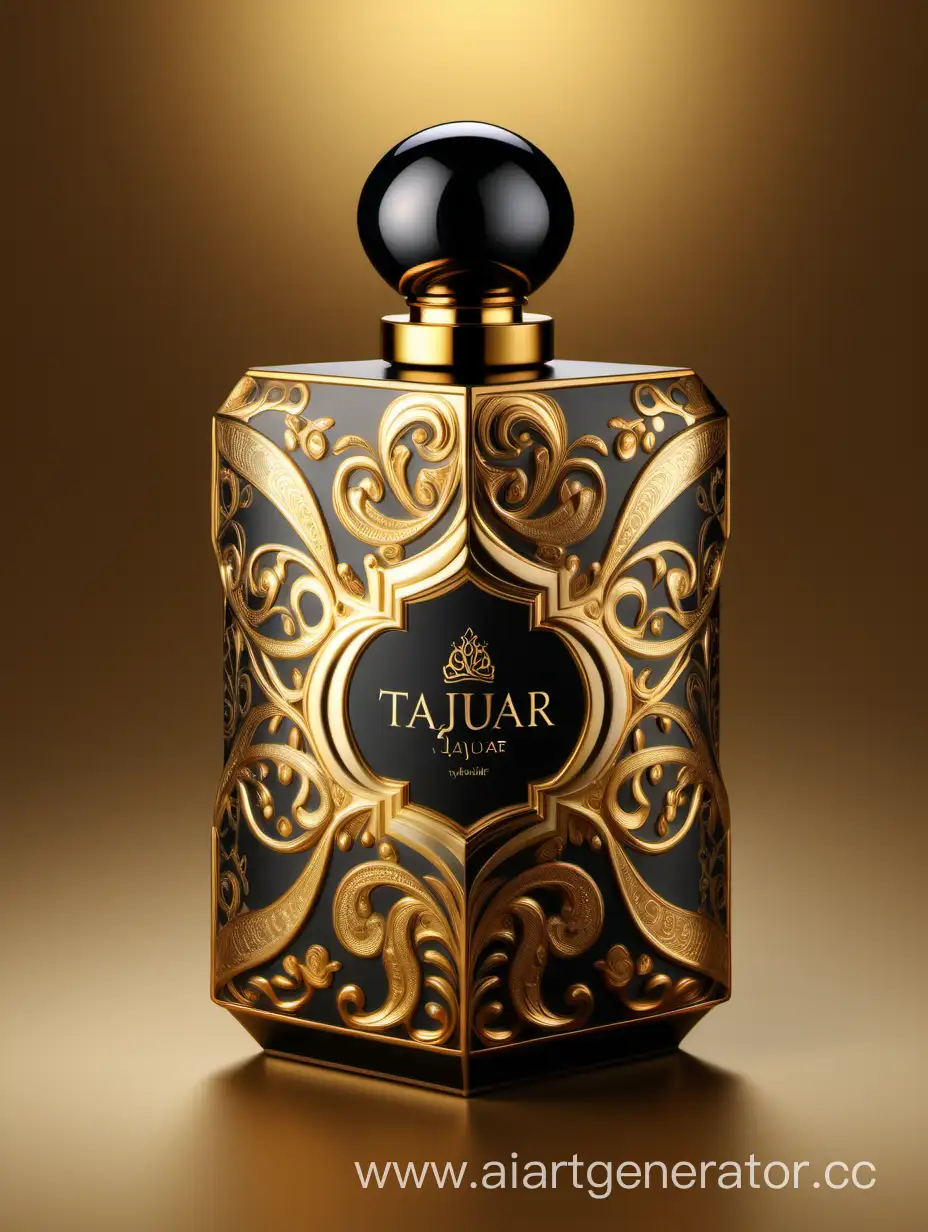 Box package design of perfume TAJDAR product, elegant, trending on artstation,   sharp focus,   studio photo,   intricate details,   highly detailed,   gold, Royal black and beige color on gold background