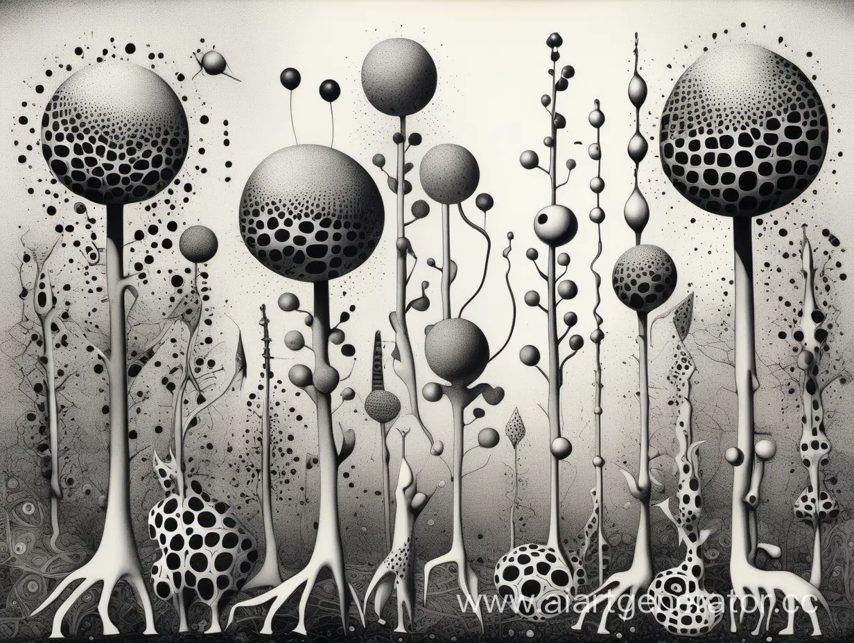 asymmetry aesthetically surreal abstract figurines, plant invasion, white black colors, old ink dotwork drawing