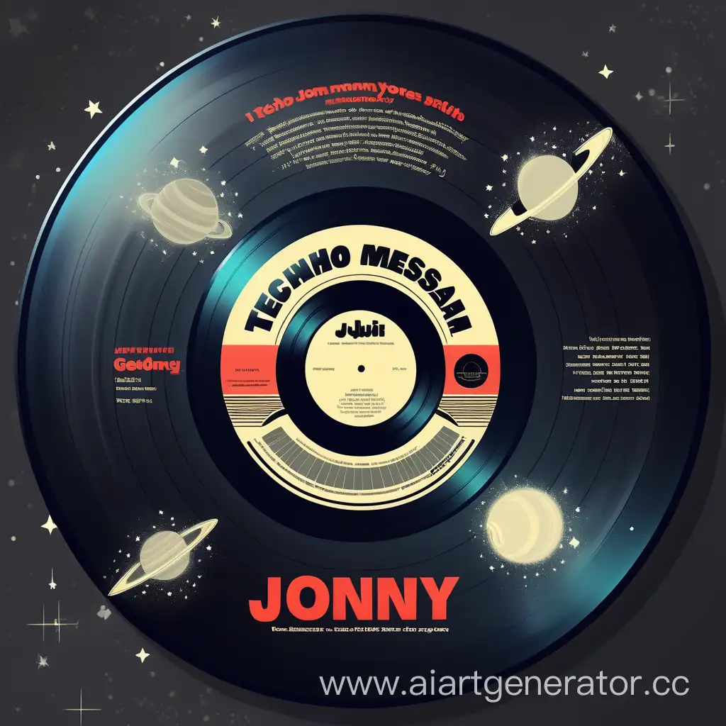 Виниловая пластинка с музыкой в стиле TECHNO, летит в космосе, полном мерцающих звезд, галактик, комет. На яблоке этикетки пластинки написано на английском языке, отдельными строками, каждое название начинается с нового абзаца: напервом абзаце: «Студия Jonny Rich», на втором абзаце: “Проект GEDONIST”, на третьем абзаце: “DJ VARYAG”, на четвертом абзаце, красными буквами: “TECHNO Messiah”