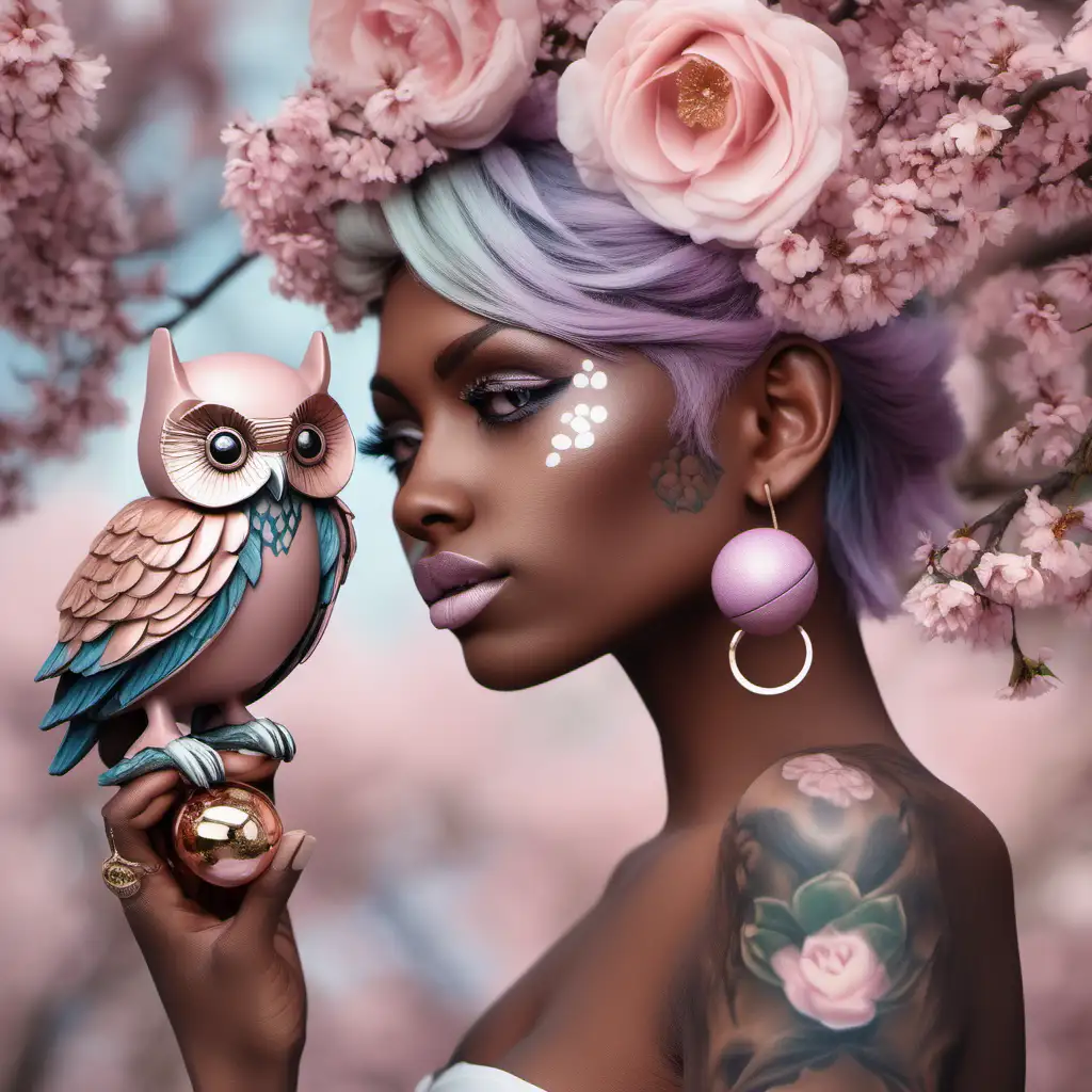 light black model has beautiful pastel color hair with flowers and orbs in rose gold. She is holding a make realistic owl that is in beautiful colors he is siting on a top that she is holding. ball earring and color tattoos in arms They is a few cherry tree blossom  that fade away in depth of field 

imitate image 