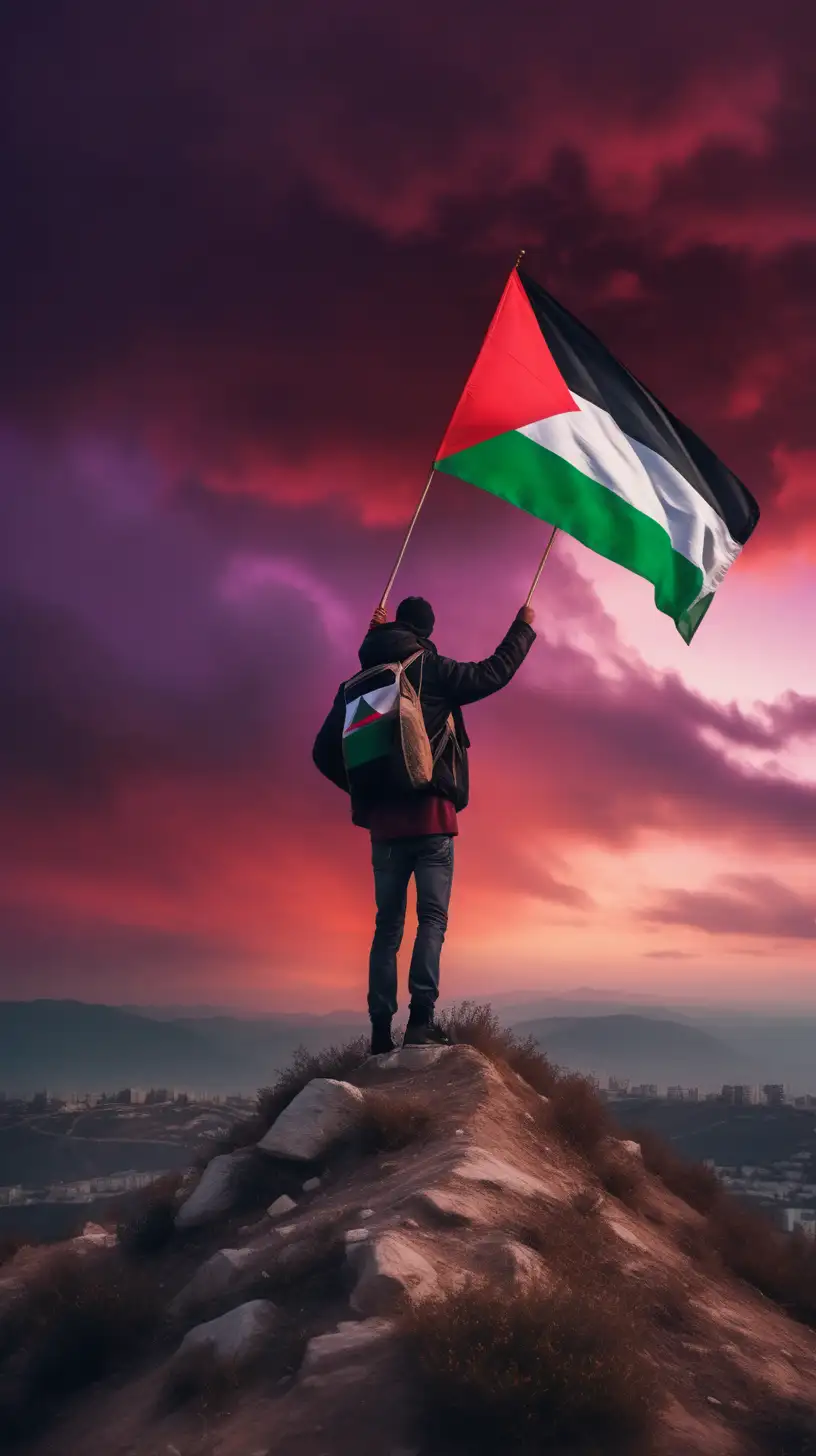 Man Wearing Jacket Standing on a Mountain Hill, Carrying a Palestina Flag. At Sunset Dusk. Red to Purple clouds. Very beautiful
