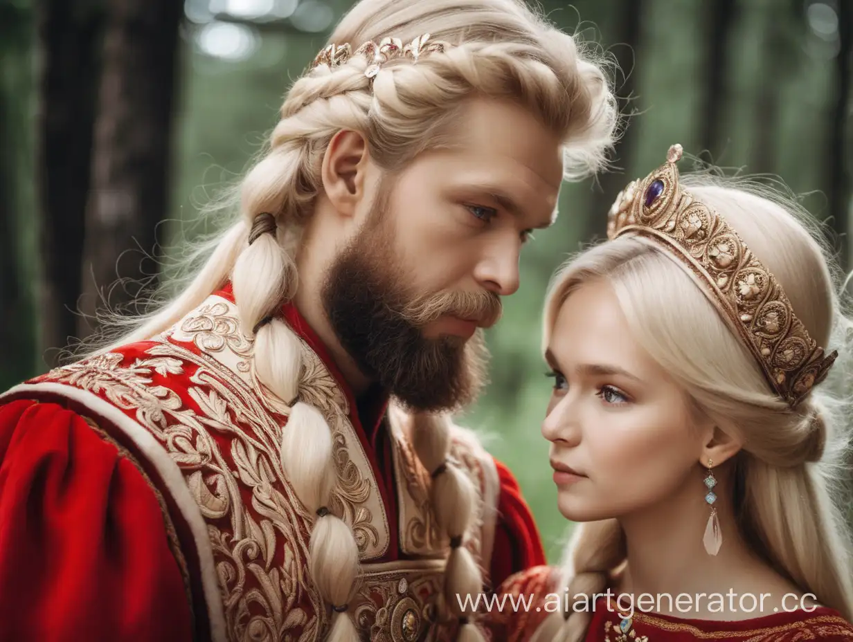 древнерусский князь блондин с бородой с женой блондинкой в красном