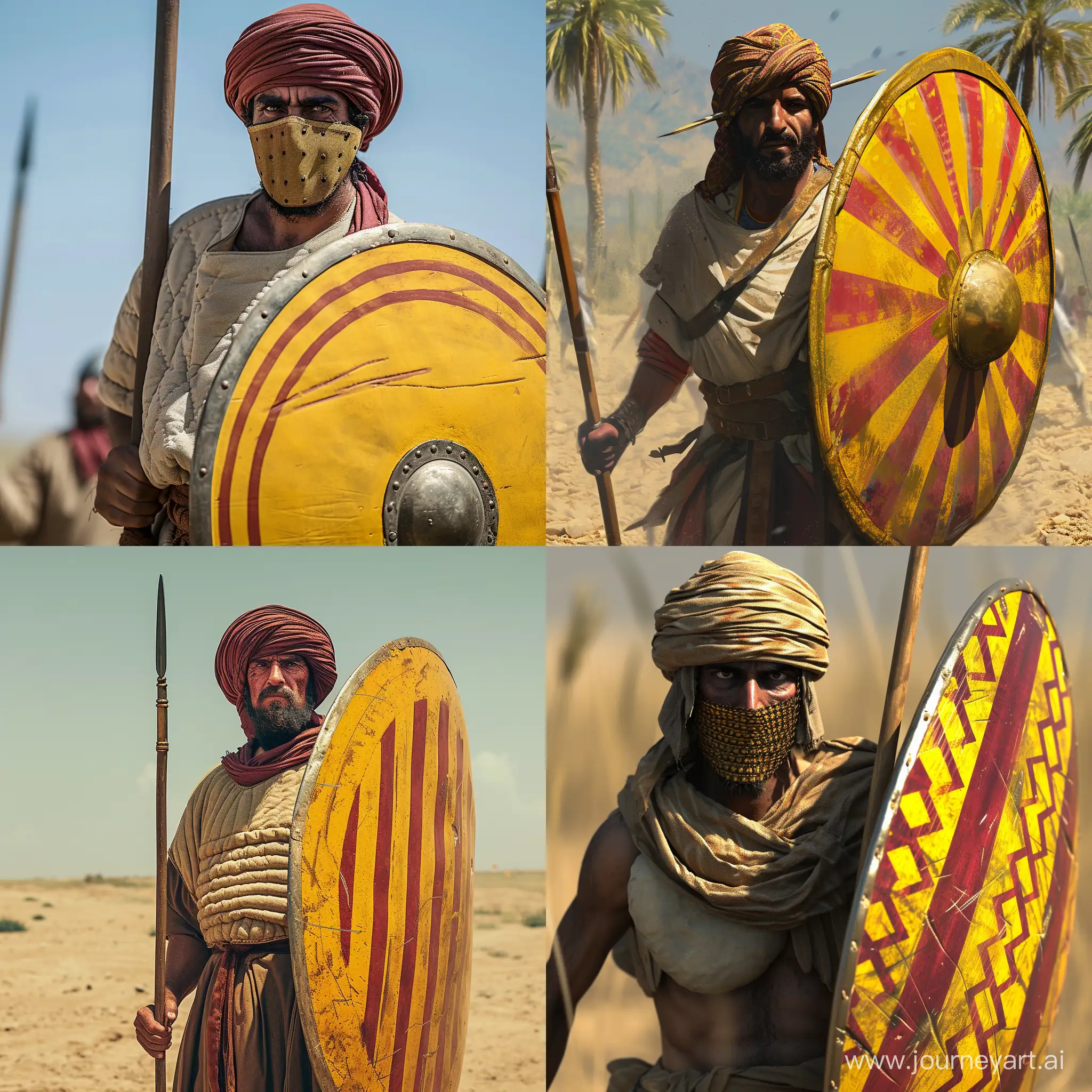 Achaemenid Sparabara spearman soldier at battle field. Wearing simple padded cloth tunic and open face headwrap which including his jaw. Equipping large yellow-red striped rectangle shield. Realistic image.