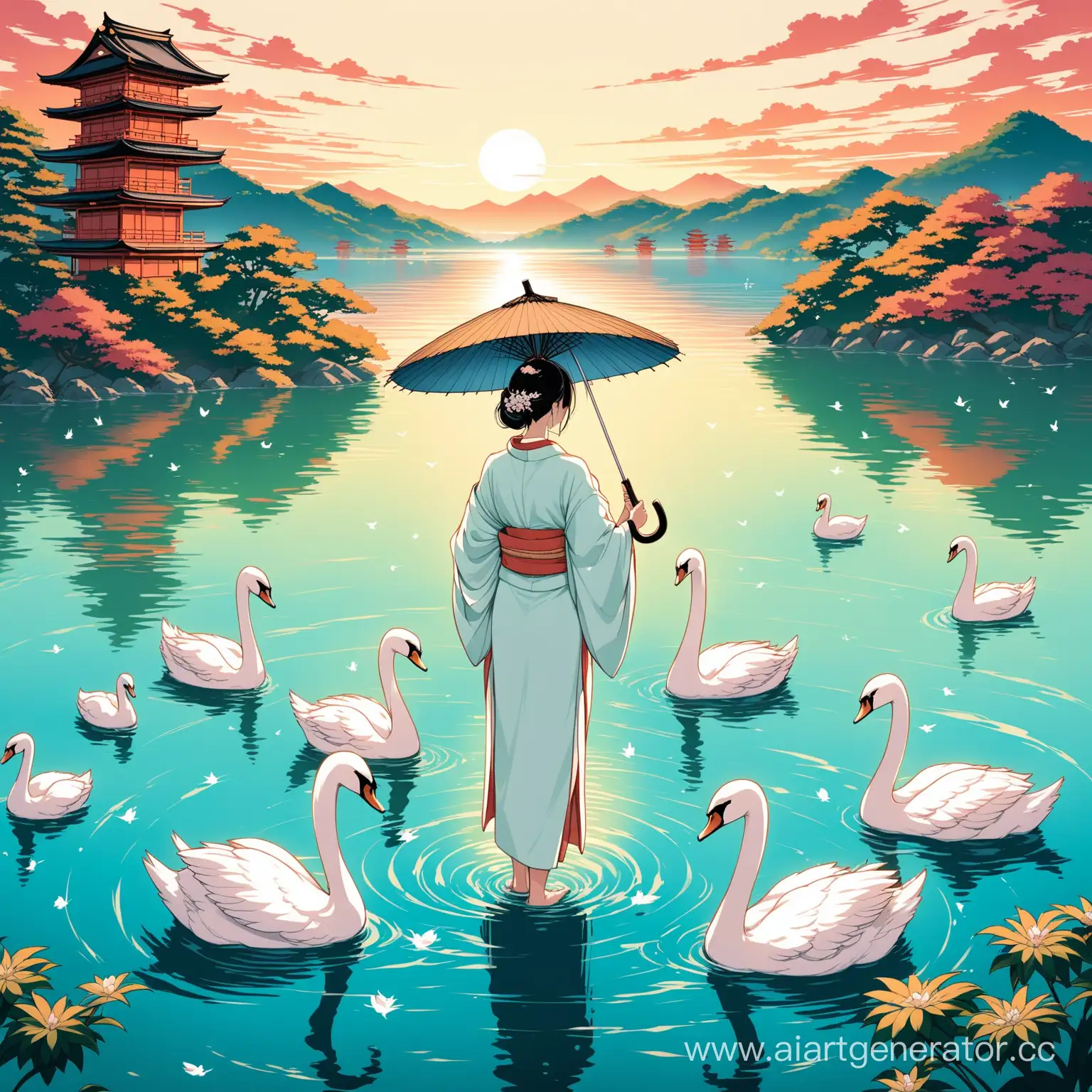 Japanese-Swan-ShapeShifter-Girl-in-White-Kimono-Standing-by-Lake-with-Umbrella