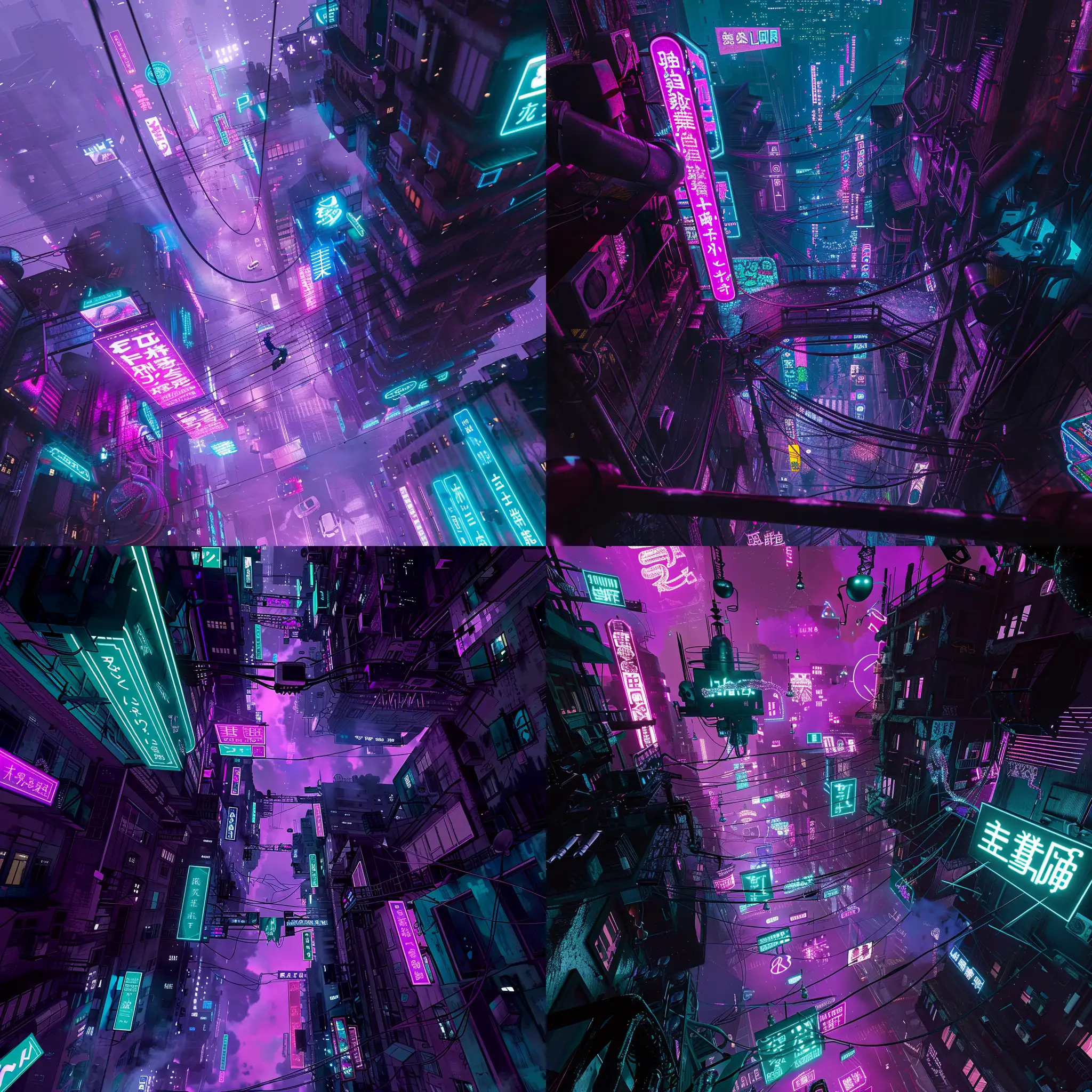 vue depuis le ciel d'un district néotokyo cyberpunk avec des enseignes néon qui éclaire les rues . couleur violet et turquoise 50% , noir 25% . 