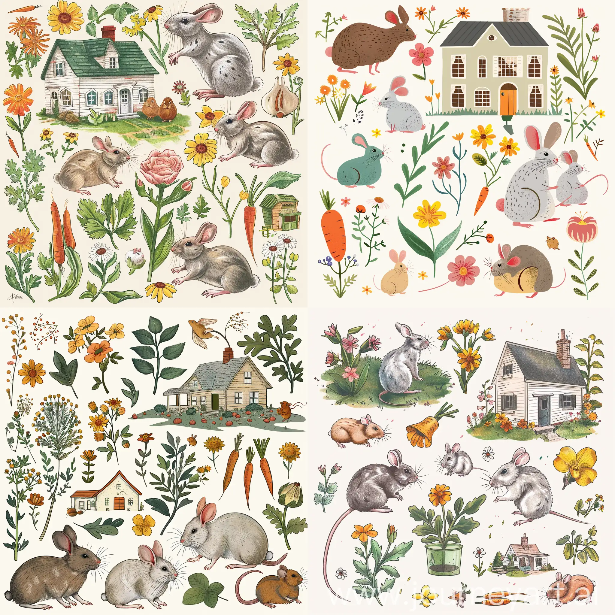 Нарисуй картинку , где есть лабораторные мыши, кролики, морские свинки, дача, цветы, морковка, и прочие урожаи. Используй приятные тона. Картинка не должна быть страшной 