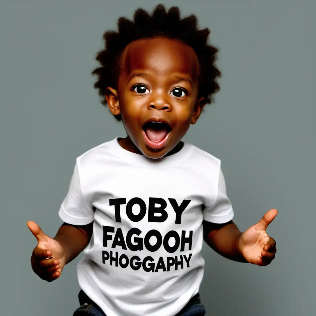 a 2-year-old black boy, excited about tech and photography, wearing a shirt that says "Tobyfagboh Photos"