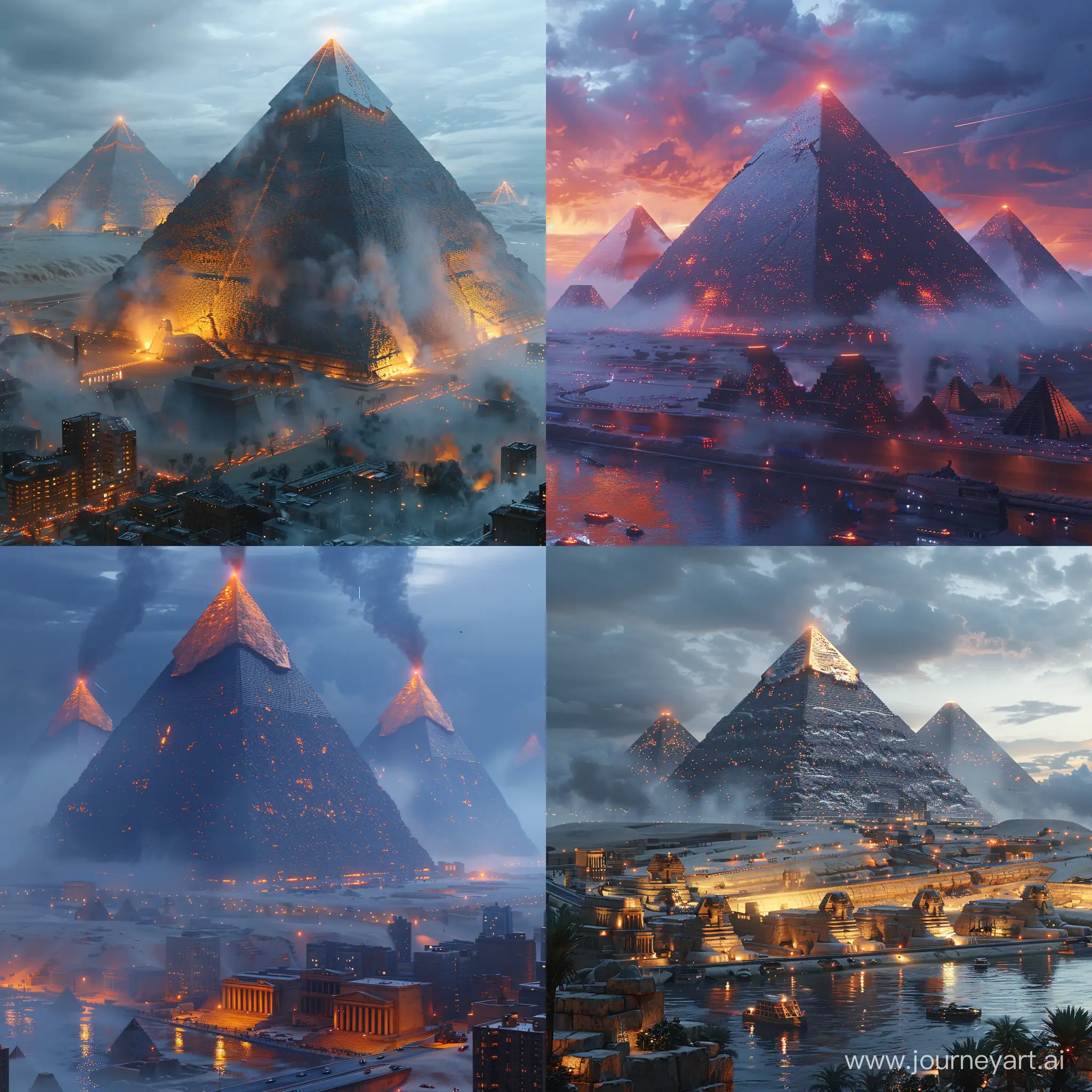 Futuristic sci-fi high-tech Egyptian pyramids, ideal postcyberpunk, octane render --stylize 1000