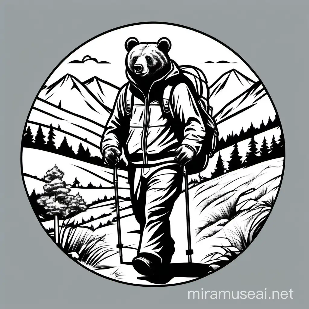 Outline drawing of a male bear in clothing hiking in the countryside, in the style of simplified illustrations for brand logo, greyscale colors, white background, high resolution vector --ar 3:2 --v 5