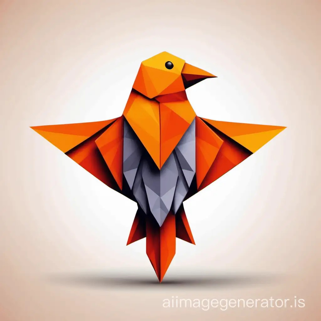 An origami finch front view with vibrant orange colors low poly simple line art logo