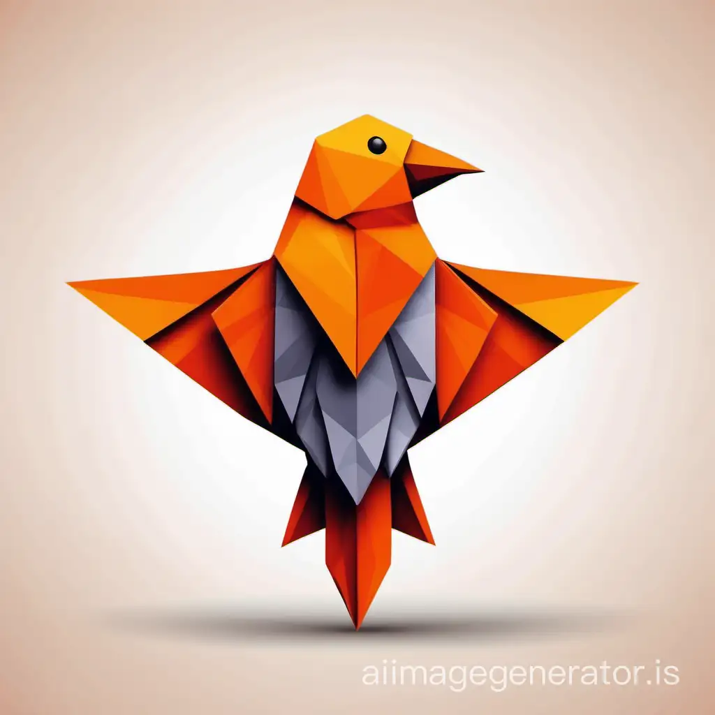 An origami finch front view with vibrant orange colors low poly simple line art logo 