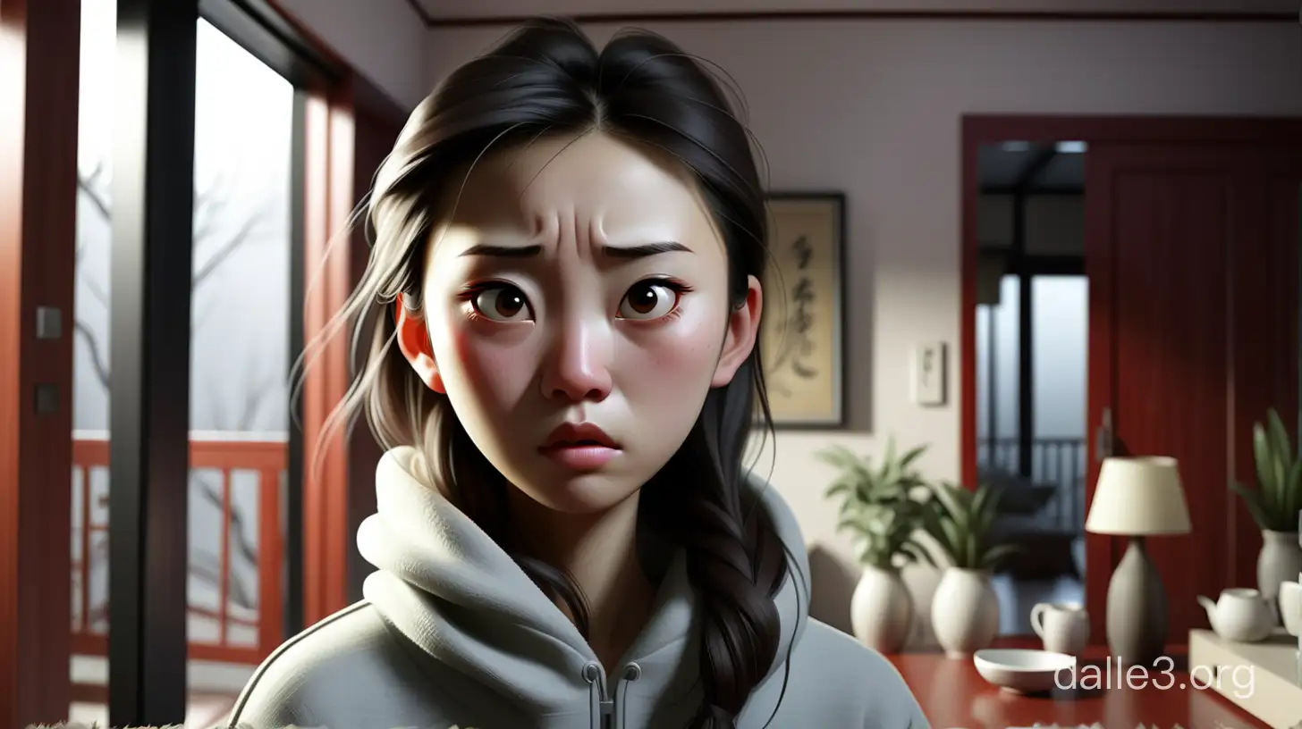 清晨，现代屋内，一个中国年轻女人一脸冷淡的样子