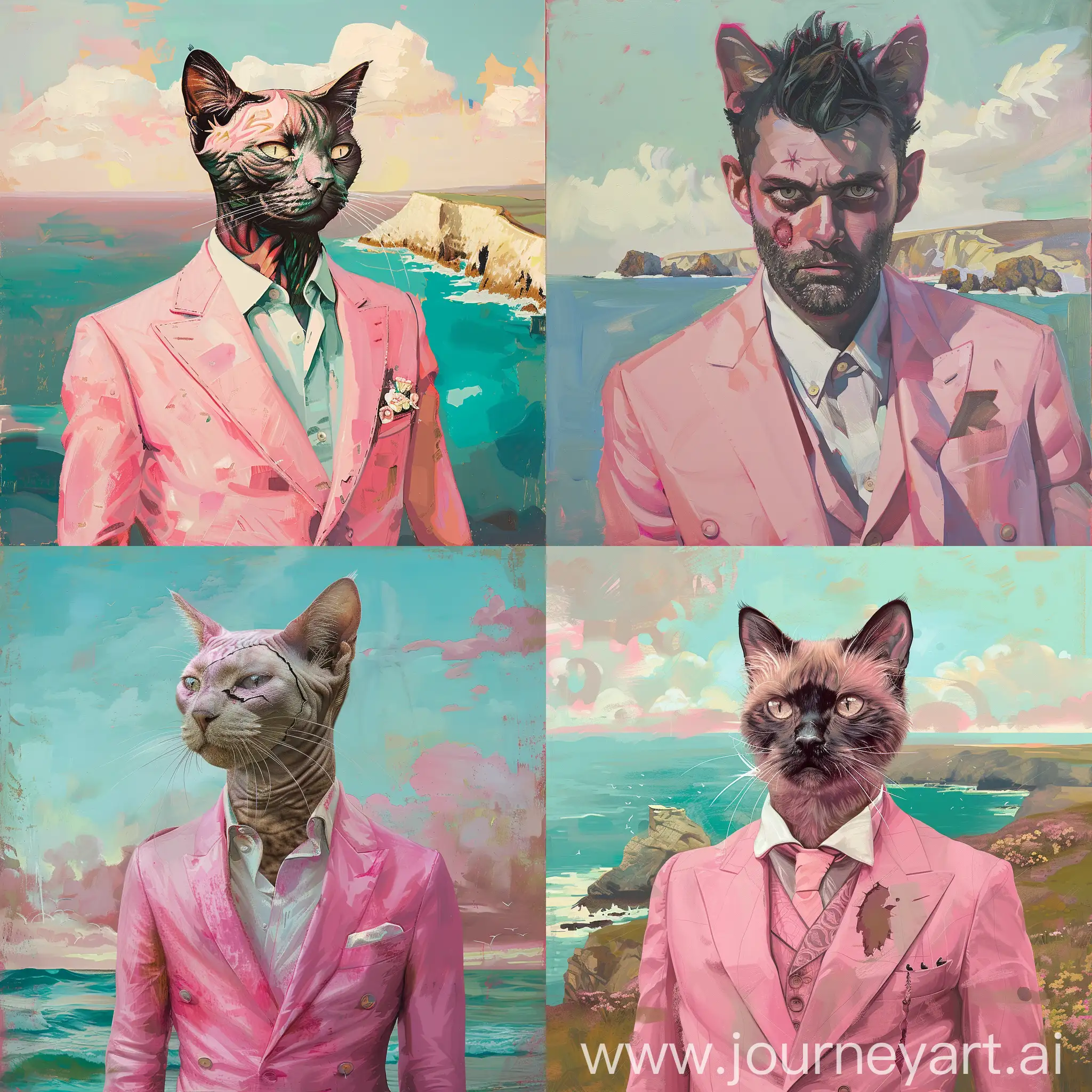 Fritz Scholder art style, serious cat man with a facial scar, donning a pink suit, whimsical yet somber mood, British coast background, pastel hues, 8k uhd Maximalist Details, profile picture