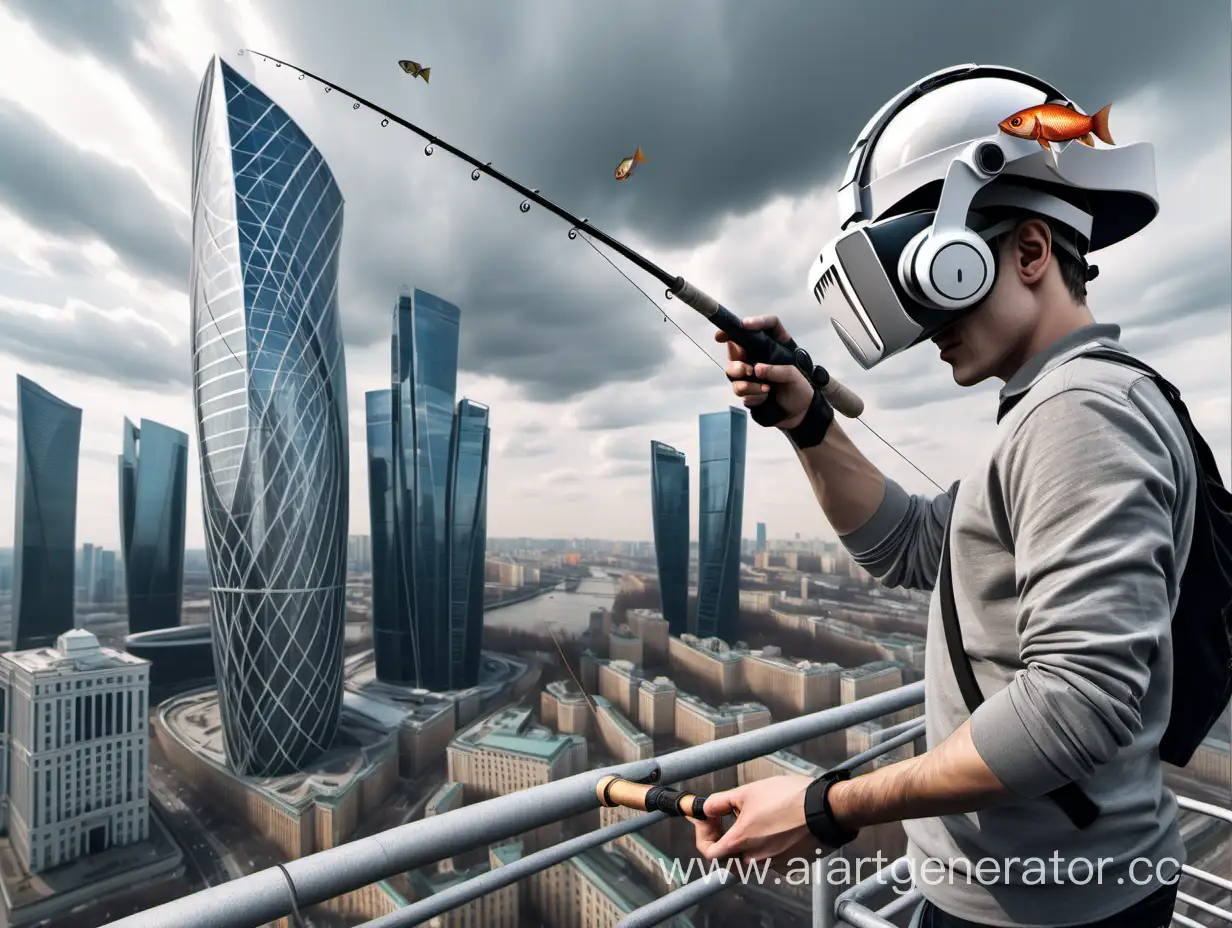 Urban-Fishing-Adventure-Fish-with-VR-Helmet-on-Skyscraper-Rooftop-in-Moscow-City