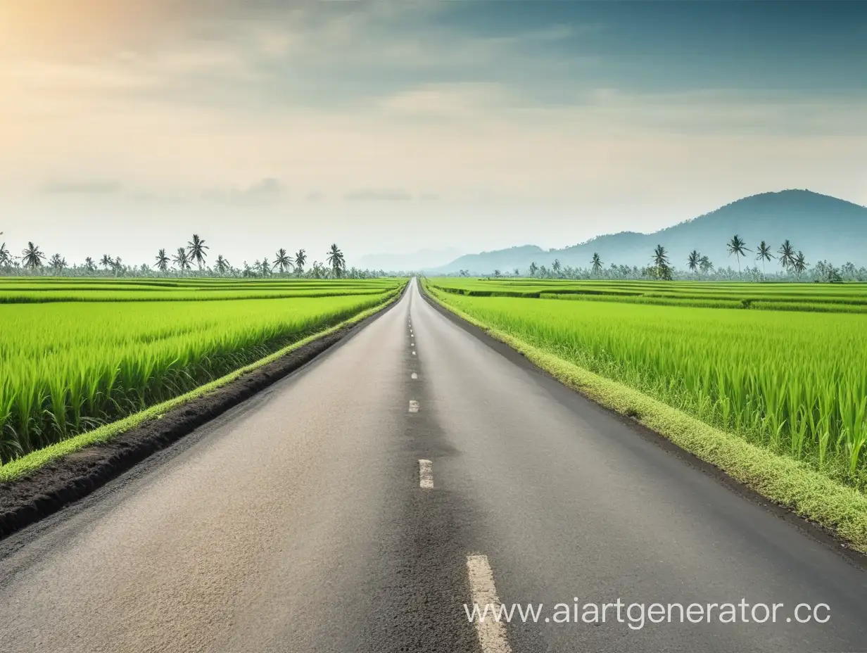 Scenic-Asphalt-Road-Surrounded-by-Vibrant-Rice-Fields-Under-Bright-Daylight