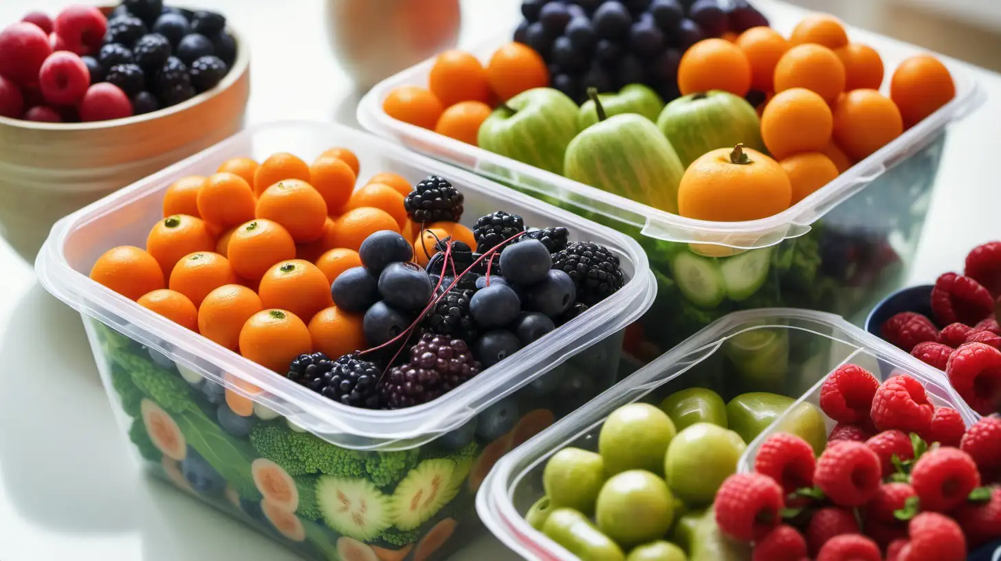 Close-up of healthy vegetarian food in containers. A lot of vegetable,fruit,berries on table, kitchen background, bright tone
