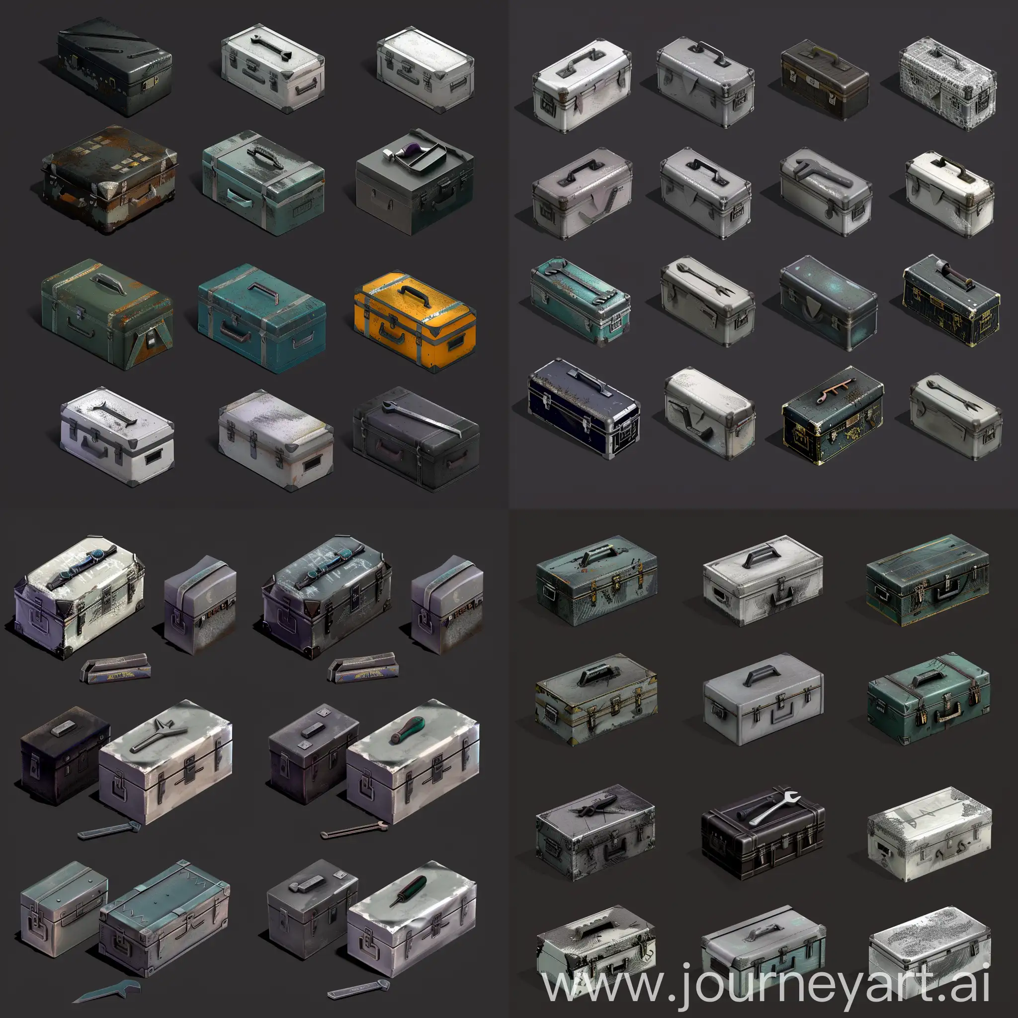 https://i.imgur.com/9T6eIaH.png isometric set of old instrument kit repair tools metal boxes without details in style of unreal engine 5, isometric set, orthographic projection, ultrarealistic style --style raw