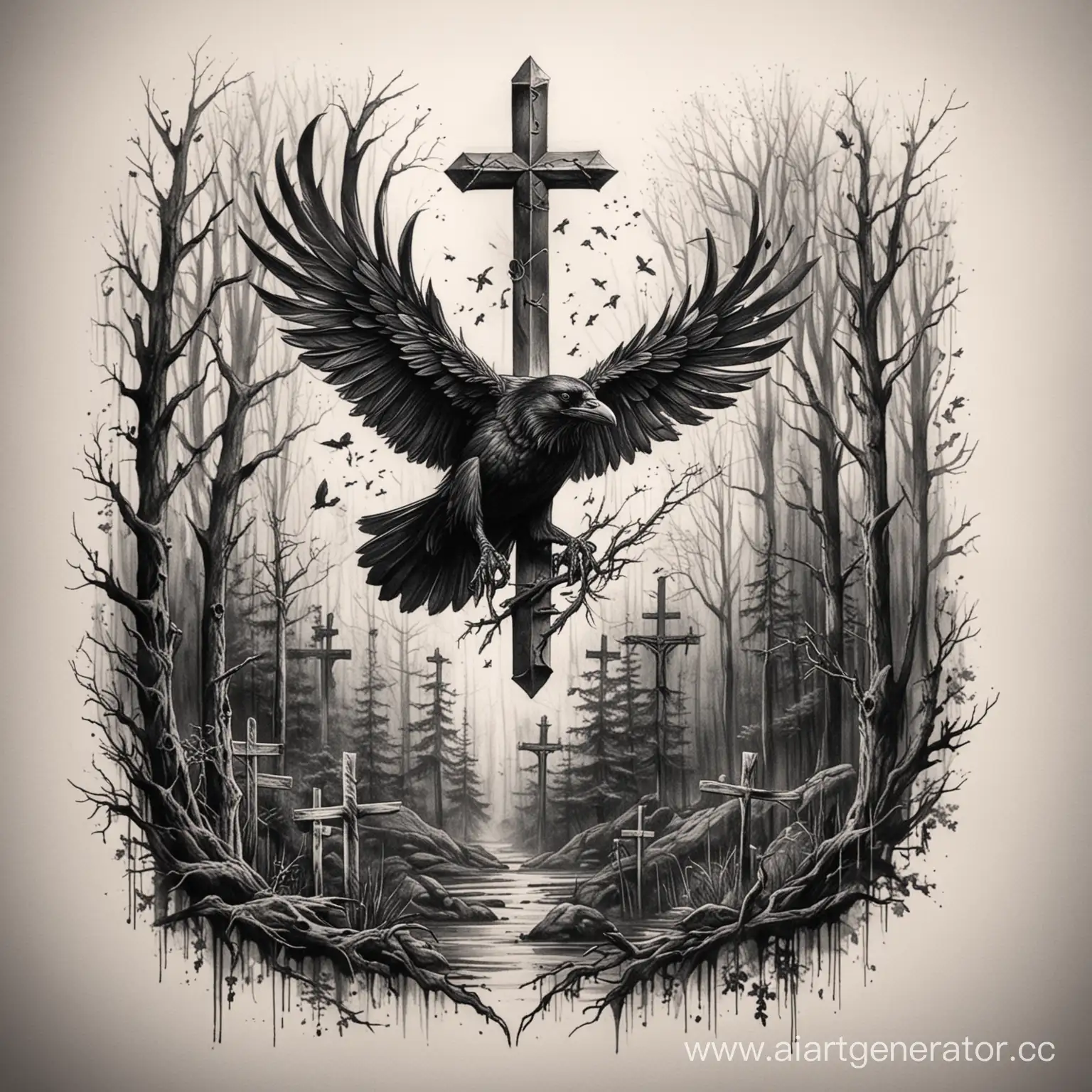 Gothic-Raven-Tattoo-Sketch-in-Forest-with-Crosses
