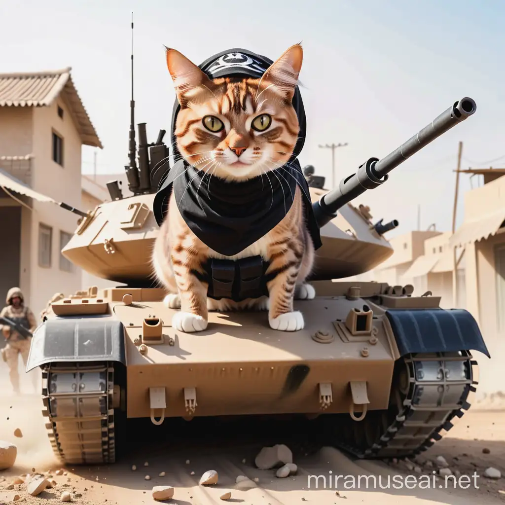 Gata vestida de terrorista y con armas esta saliendo de un tanque de guerra en una zona de guerra. Sonrie.