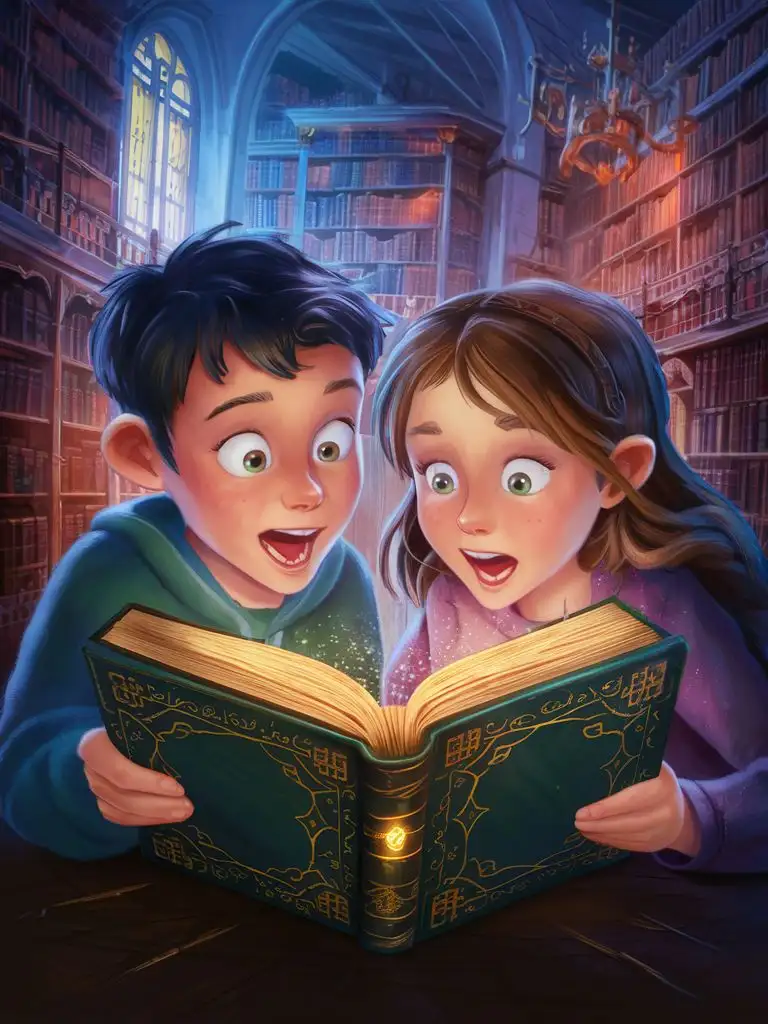 boy and girl with surprised faces looking at magic book in big library
