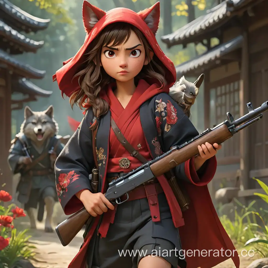 Боевик, красная шапочка в бронежилете с автоматом, волк в кимано с самурайским мечом, на заднем плане бабушка