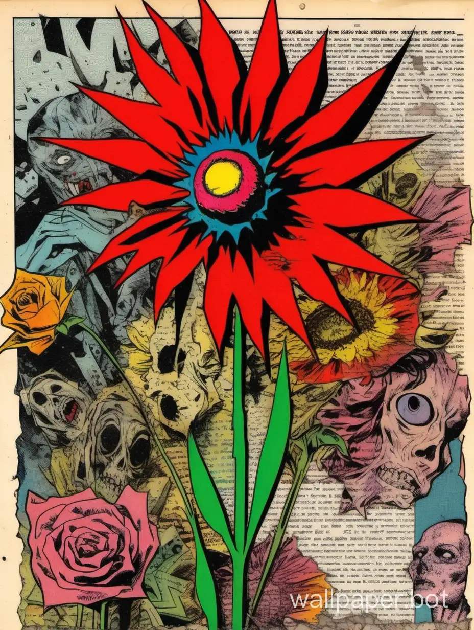 Horror bouquet flower, vintage comic book art,  visible stem, hypercolored, surreal torn collage, very torn comic paper border