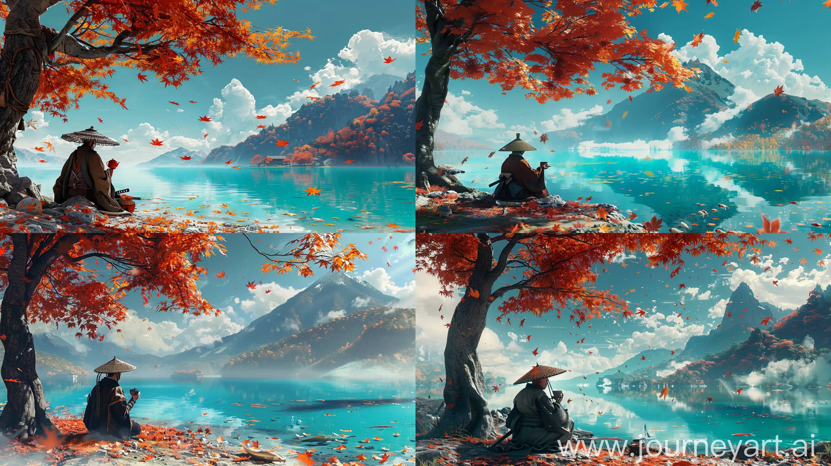stroke oil painting style of a samurai drinking tea under the maple tree, wearing a hat, and Falling leaves, in front of him is a beautiful turquoise lake with koi fish, reflecting clouds on the sky,  Unreal engine 5 peaceful, hyperdetailed fantasy art, maximalist, sharp focus, far mountain, masterpiece, fine art, 4k wallpaper, 8k, cinematic, --v 6 --ar 16:9 --stylize 250