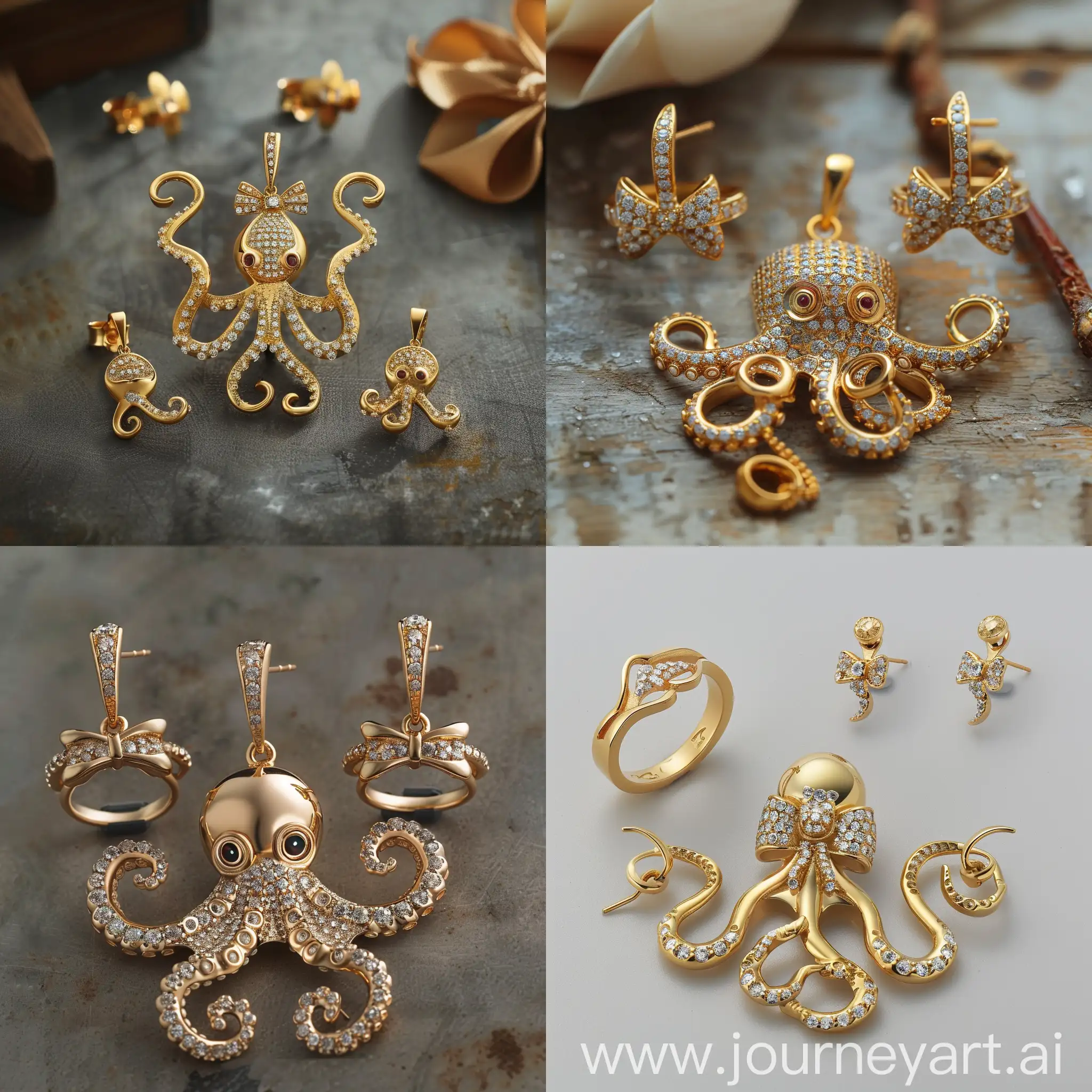 A set of gold pendants, rings and earrings, all three in the shape of an octopus with jewels on its arms and a bow on its head with very fancy eyes.