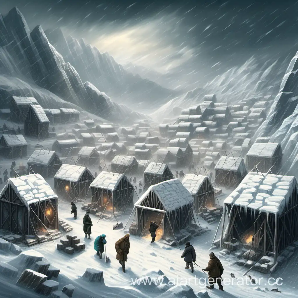 заснеженный обледеневший город, деревянные палатки, идущие в шахты каменьщики, ледяные глыбы, метель
