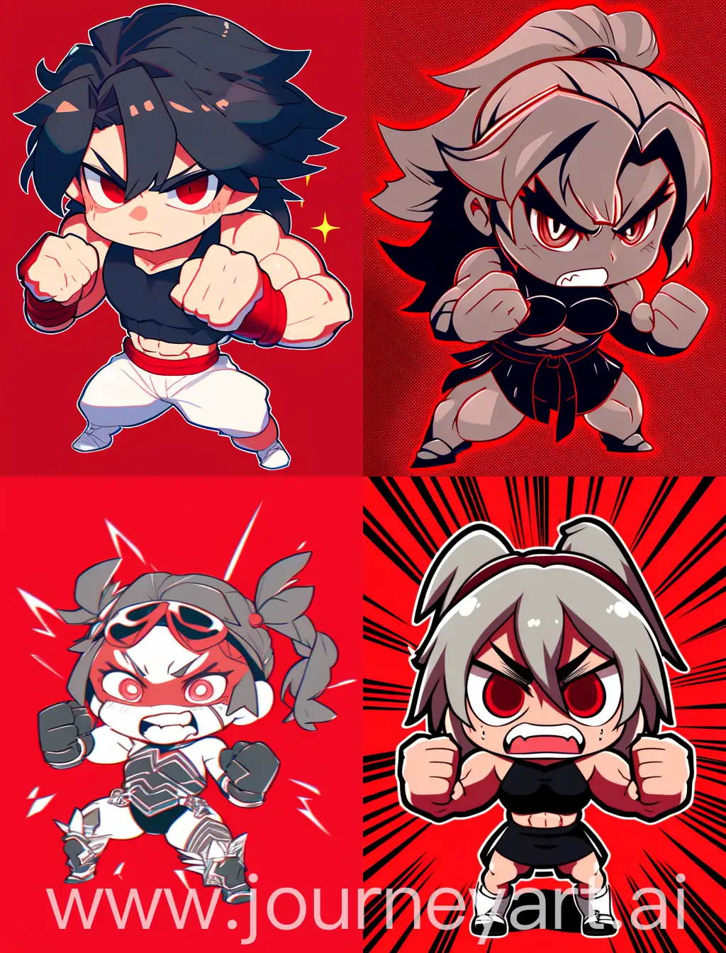 angry chibi anime girl showing muscles, cartoon anime style, with strong lines, with red solid background