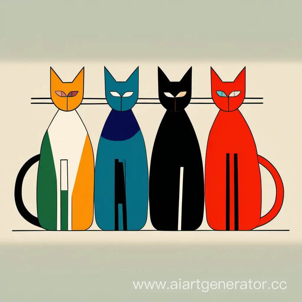 Три разных многоцветных кота минимализм примитивизм минимум деталей растровый рисунок абстрактно упрощённо конструктивизм лучизм супрематизм