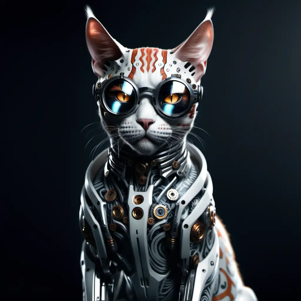 wspaniał kot cyborg . tatuaże na twarzy, okulary. ale jest niezwykle piękny. on ma rude oczy . Ma futurystyczne czarno-biała sierść. --ar 16:9 --s 200 --c 50