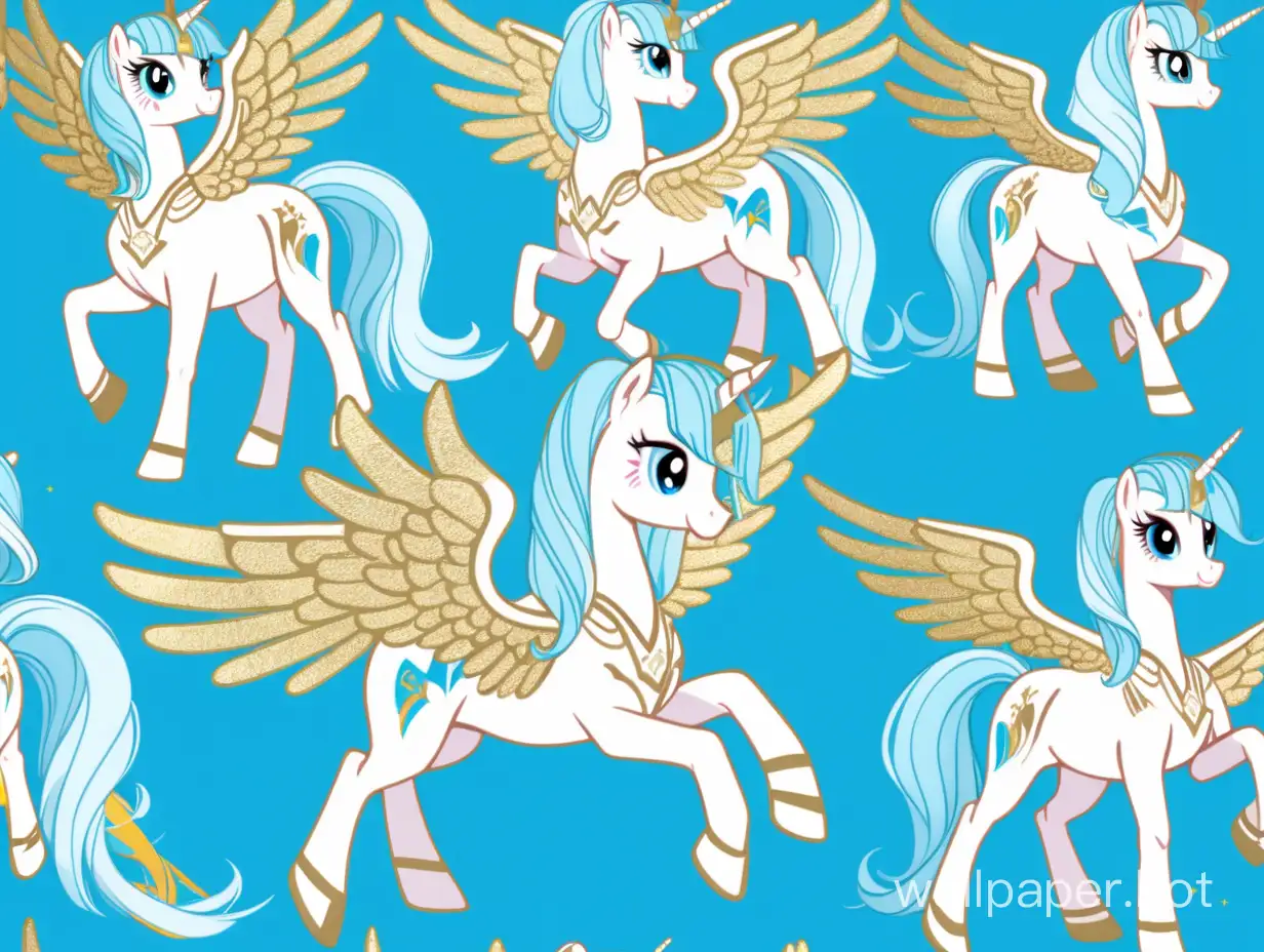 my little pony style alicorn, bright cyan, gold, white, blue, aesthetic